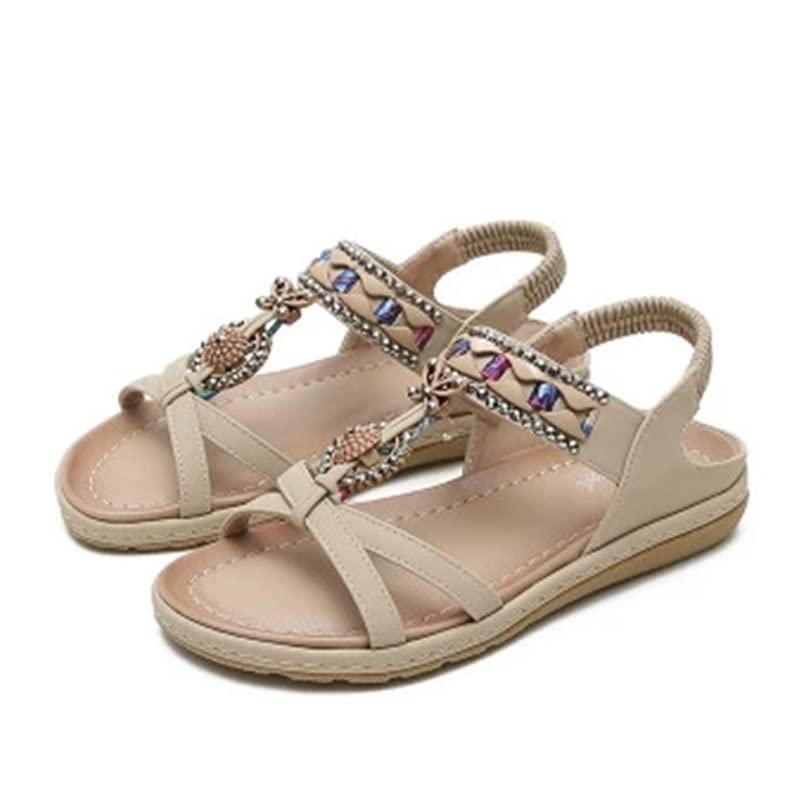 EastMetal Women's Gladiator Sandals - Flat Summer Sandals with Elastic Jewelry & Horn Fighter Design (Brown, Size 9) | Perfect for Beach, Vacation & Casual Outfits