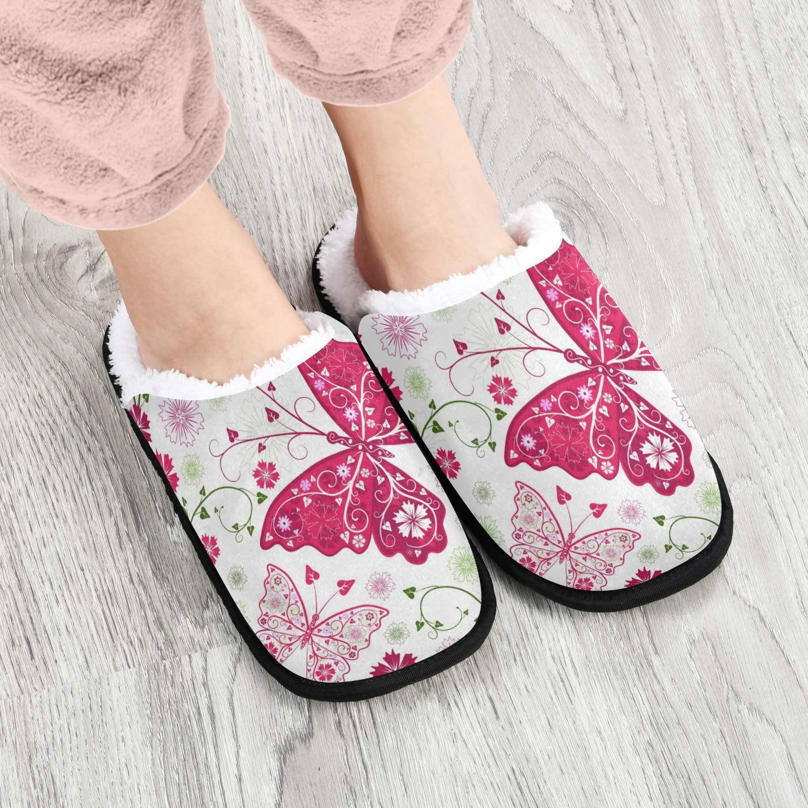 ALAZA Pink Butterfly Flower Non-Slip House Slippers for Women & Men - Soft Indoor/Outdoor Comfort for Home, Hotel, Spa, Bedroom & Travel