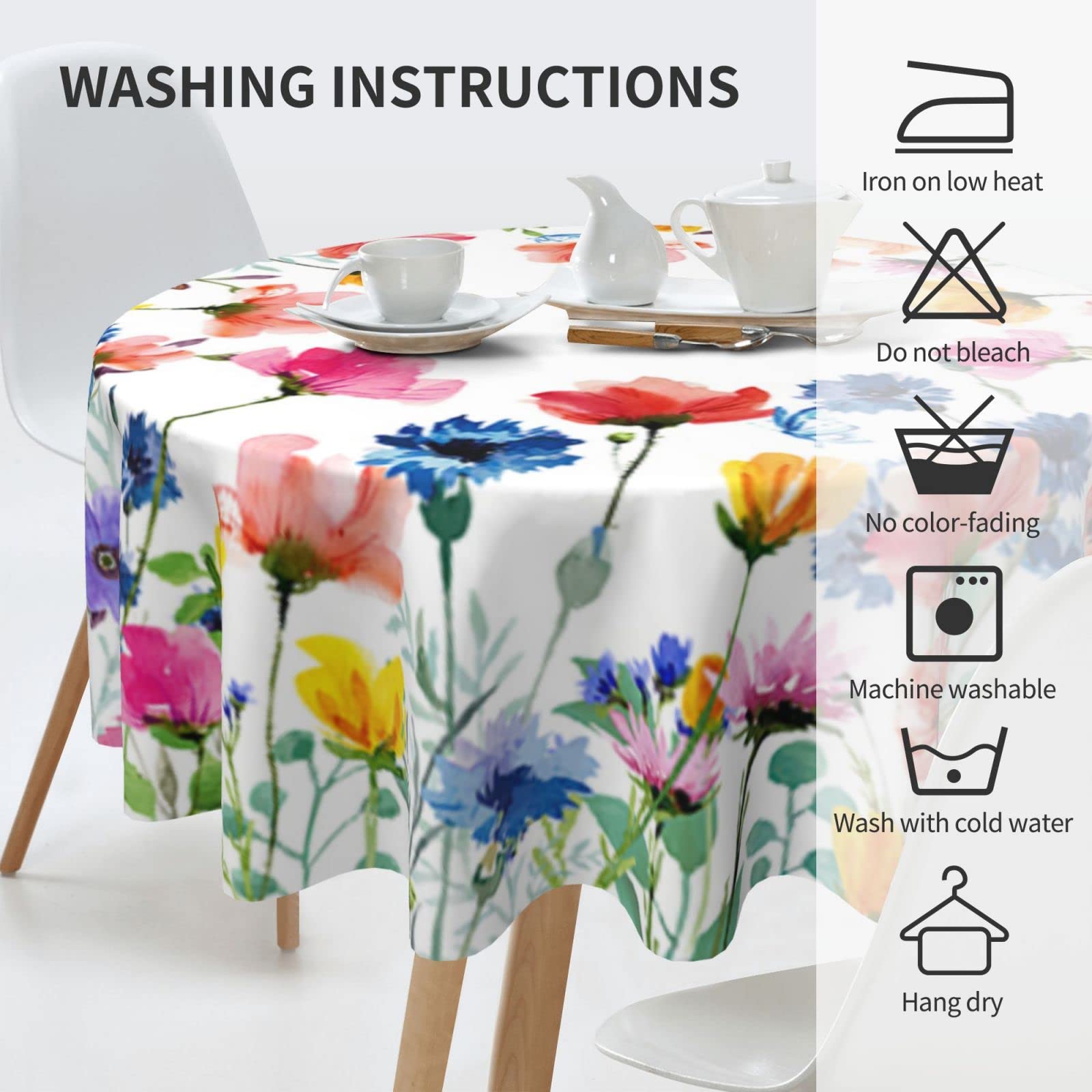 Butterfly Spring Floral 60 Inch Round Polyester Washable Tablecloth for Kitchen, Dining Room, Wedding, and Party