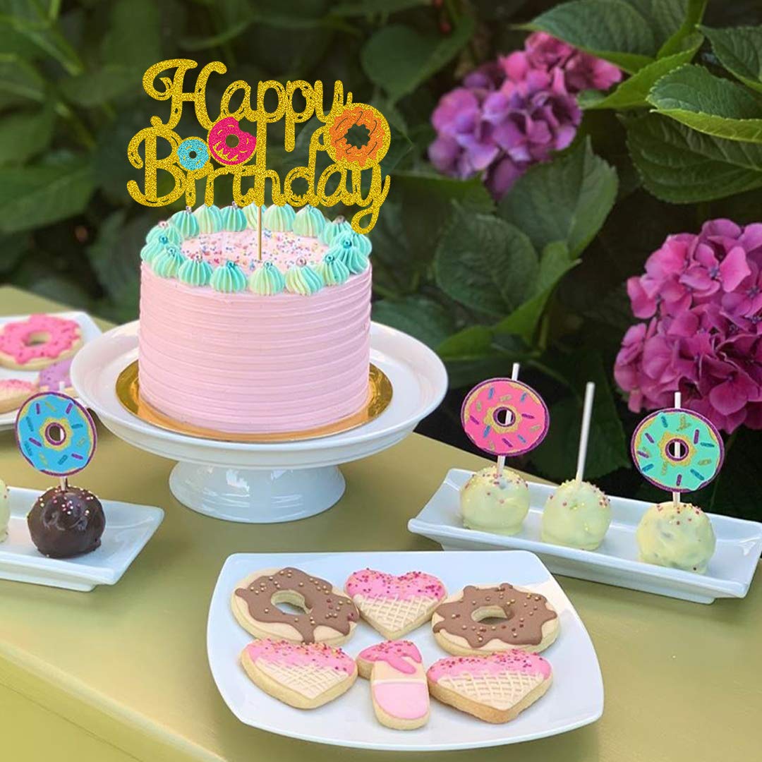 Gold Glitter Donut Cake Topper - Double Sided Happy Birthday Party Decorations for Girls & Kids (6.7’’ x 4.49’’) | Donut Grow Up Themed Birthday, Baby Shower & Celebration Cake Decoration