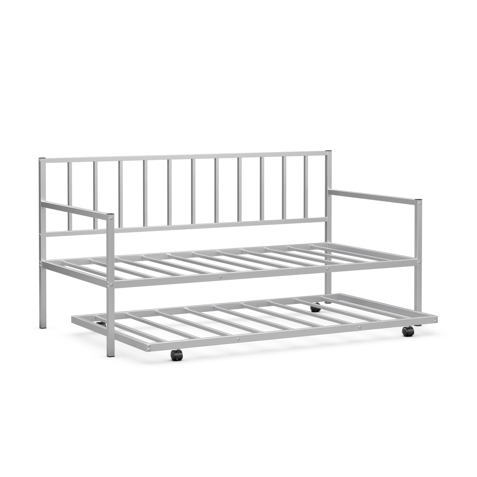 KOMFOTT Twin Daybed with Trundle - Sturdy Metal Bed Frame Set with Wheels & Slat Support, No Box Spring Needed - Perfect Sofa Bed for Living Room, Guest Room & Small Spaces (Space-Saving Design for Overnight Guests & Multi-Functional Use)