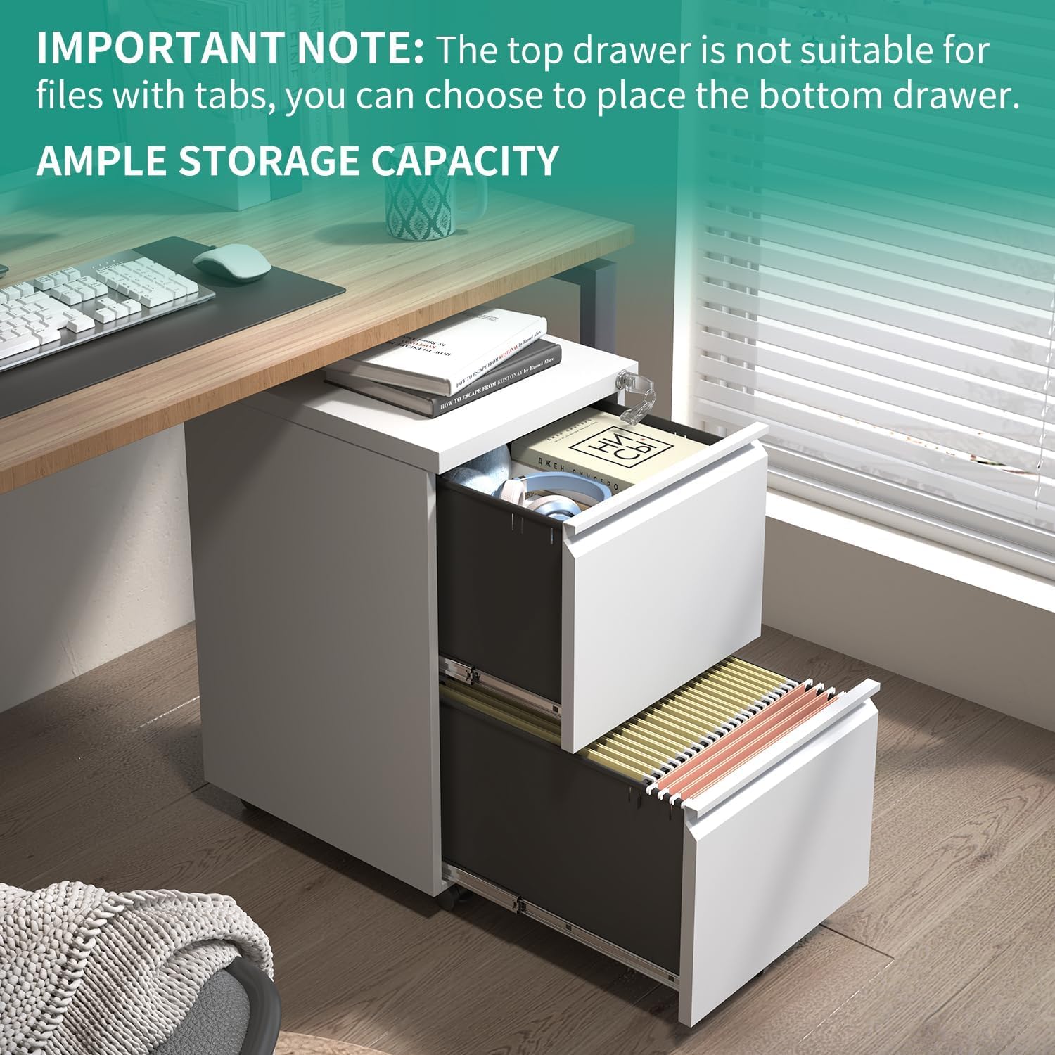 2 Drawer Mobile File Cabinet - Metal Under Desk Rolling Storage with Lock & Wheels, Fully Assembled Home Office Organizer for Legal/Letter Hanging Folders (White) - Perfect for Small Spaces & Office Organization