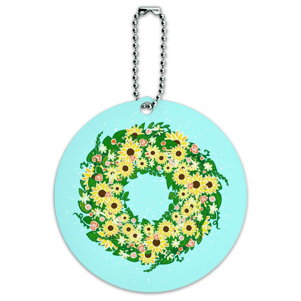 Sunflower Summer Wreath Luggage Tag - Round ID Card for Suitcase & Carry-On Bags - Perfect for Travel, Vacation & Airplane Identification