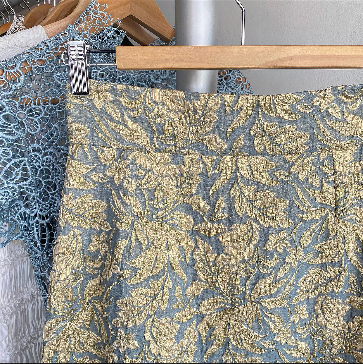 Dolce & Gabbana Gold Blue Metallic Brocade A-Line Midi Skirt for Women | Elegant Party Dress for Evening Events & Special Occasions