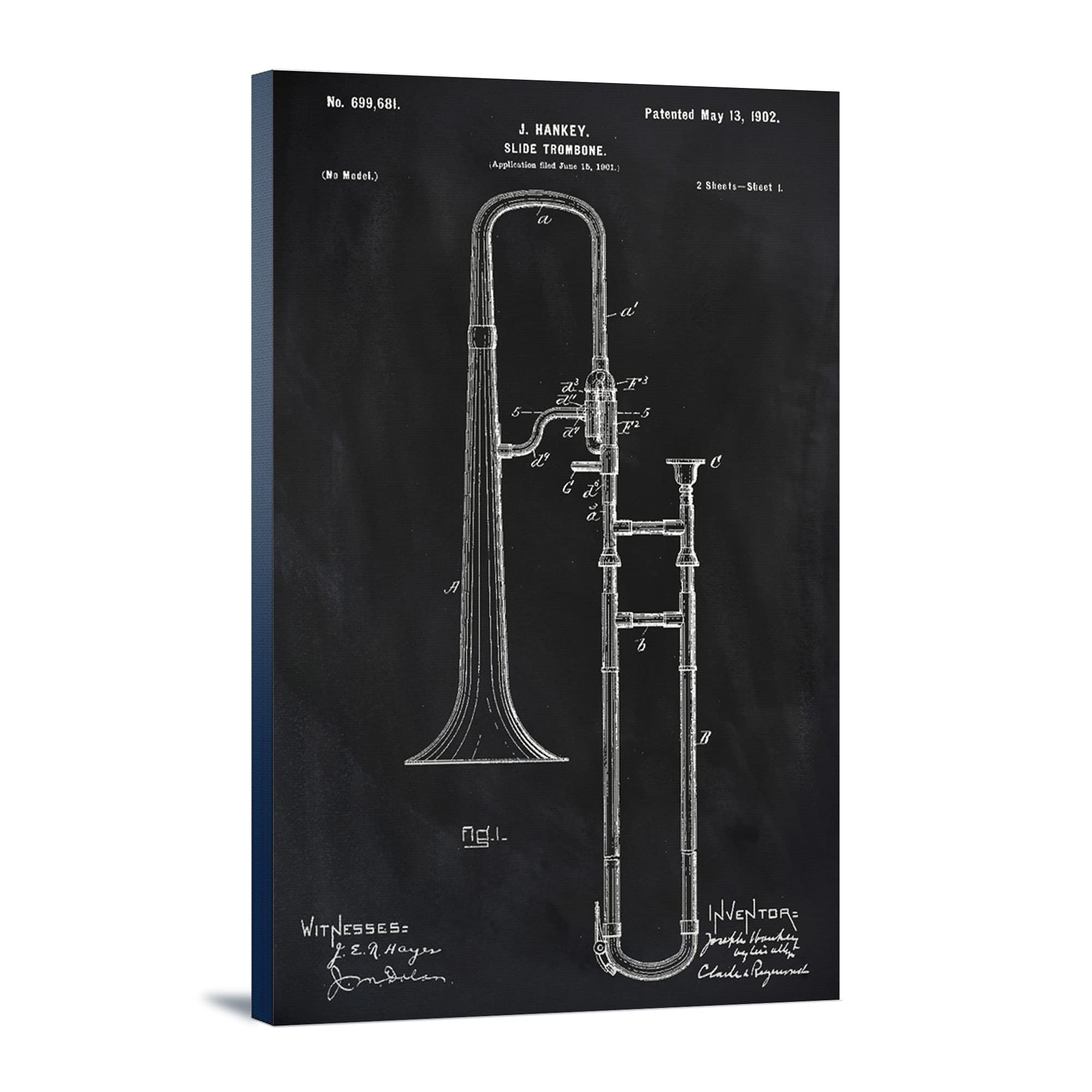 Lantern Press Blackboard Patent Slide Trombone Art Print - 16x24 Wrapped Canvas Wall Decor for Music Lovers & Jazz Enthusiasts - Perfect for Living Room, Bedroom or Music Studio Decor