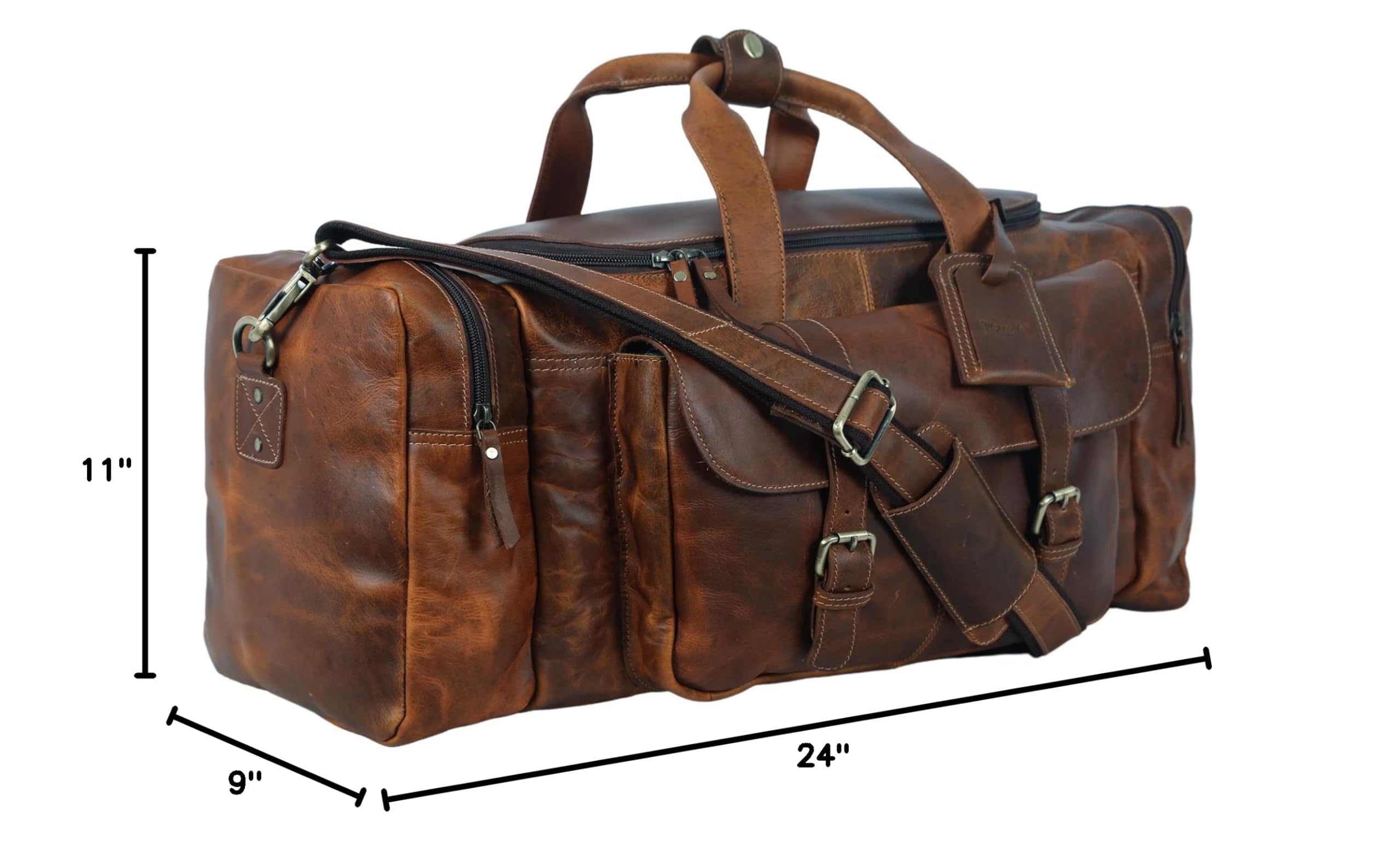 24 Inch Leather Duffel Bag with U-Shaped Zipper - Spacious Travel, Sports, Gym & Weekend Holdall - Perfect for Business Trips, Workouts & Outdoor Adventures