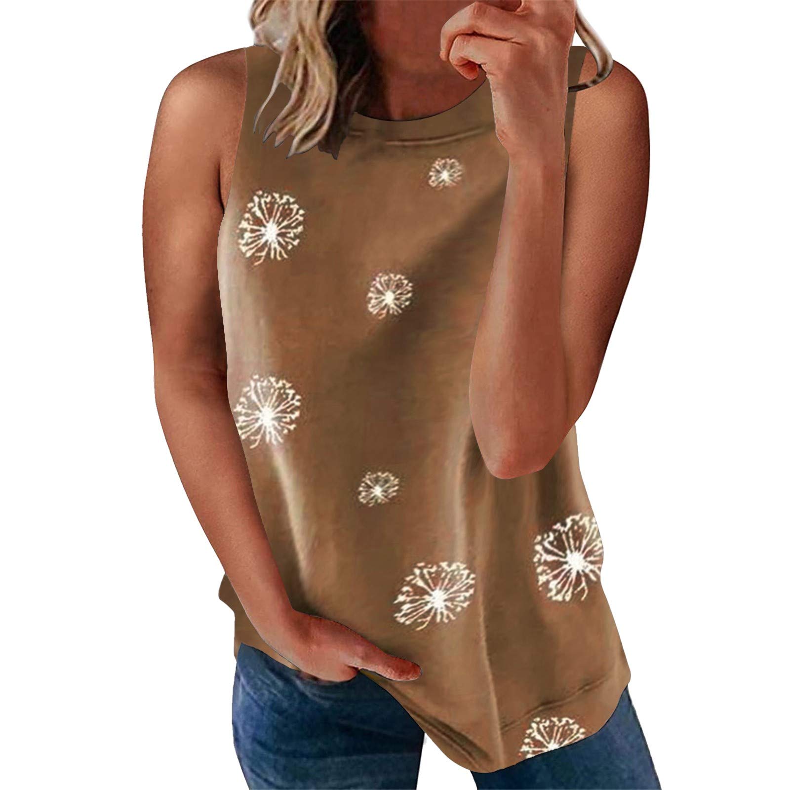 Vacger Women's Slim Fit Casual Tank Tops - Printed Sleeveless Round Neck Pullover T-Shirt for Summer, Gym, Yoga & Beach Wear