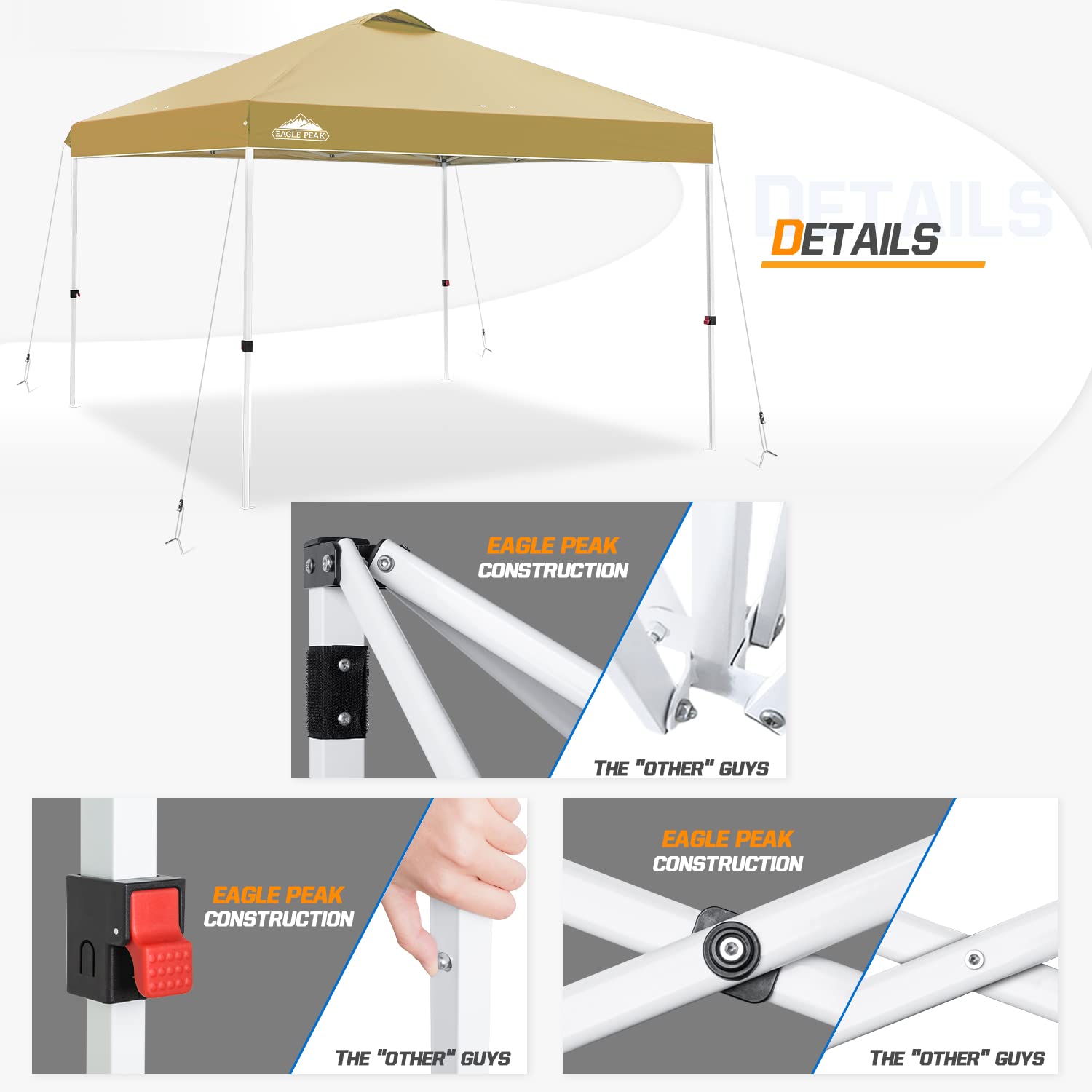 EAGLE PEAK 10x10 ft Pop Up Canopy Tent with Wheeled Carry Bag - Portable Instant Shelter for Outdoor Events, Beach, Camping & Backyard - Includes 8 Stakes, 4 Ropes & 4 Weight Bags - Easy Setup 100sqft Shade Canopy (Beige)