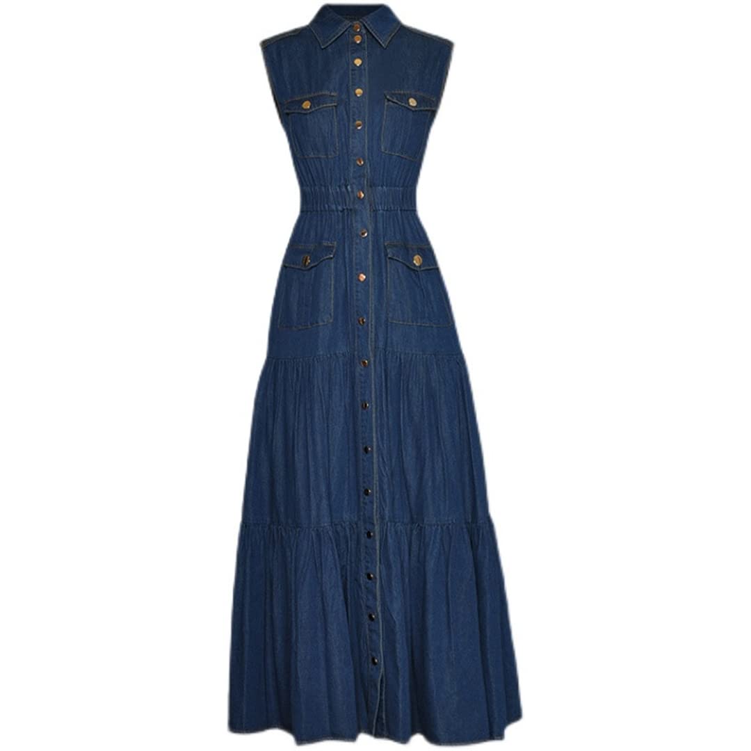 Elegant Lake Blue Sleeveless Single Breasted Spring Dress for Women - Perfect for Casual Outings, Beach Vacations & Summer Parties