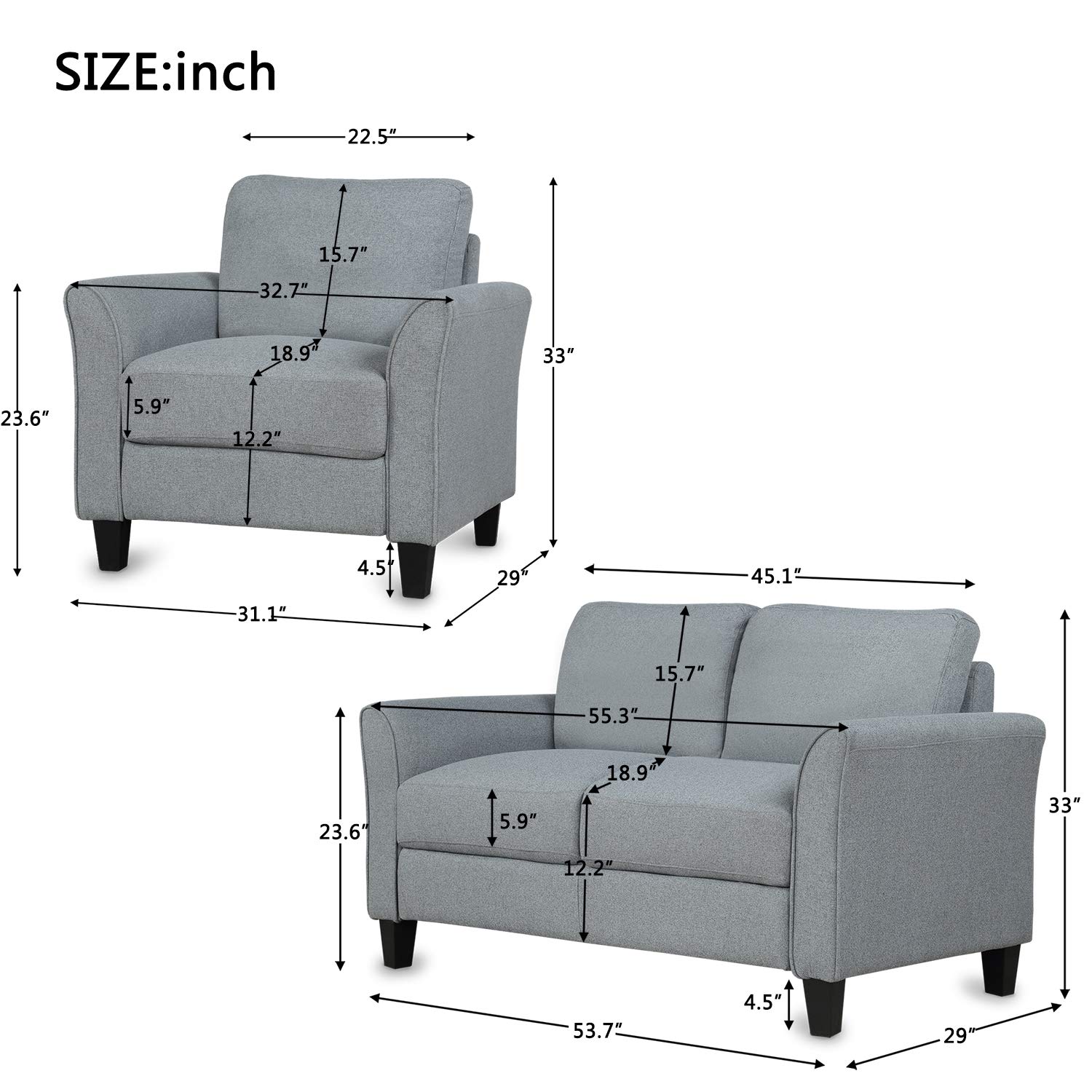 Danxee 2-Piece Gray Sectional Sofa Set - Modern Living Room Furniture with Loveseat & Armchair, Comfortable L-Shaped Couch for Small Space, Apartment, Home Theater and Family Room Decor