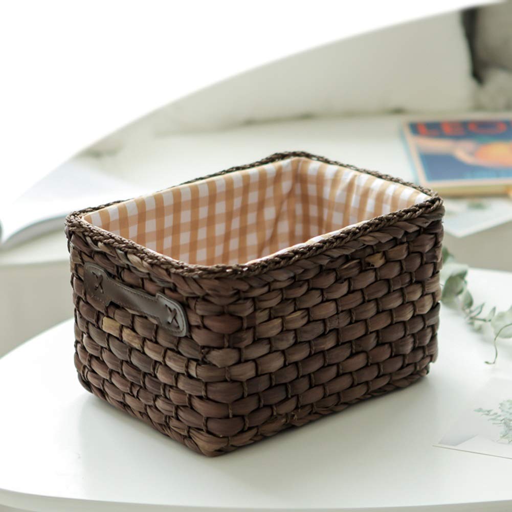 MAHFEI Woven Storage Basket with PU Handles - Rectangular Handwoven Organizer Box for Home Office | Desktop Storage for Sundries, Toys, Cosmetics | Natural Water Hyacinth Decorative Basket for Bedroom, Bathroom & Living Room Organization