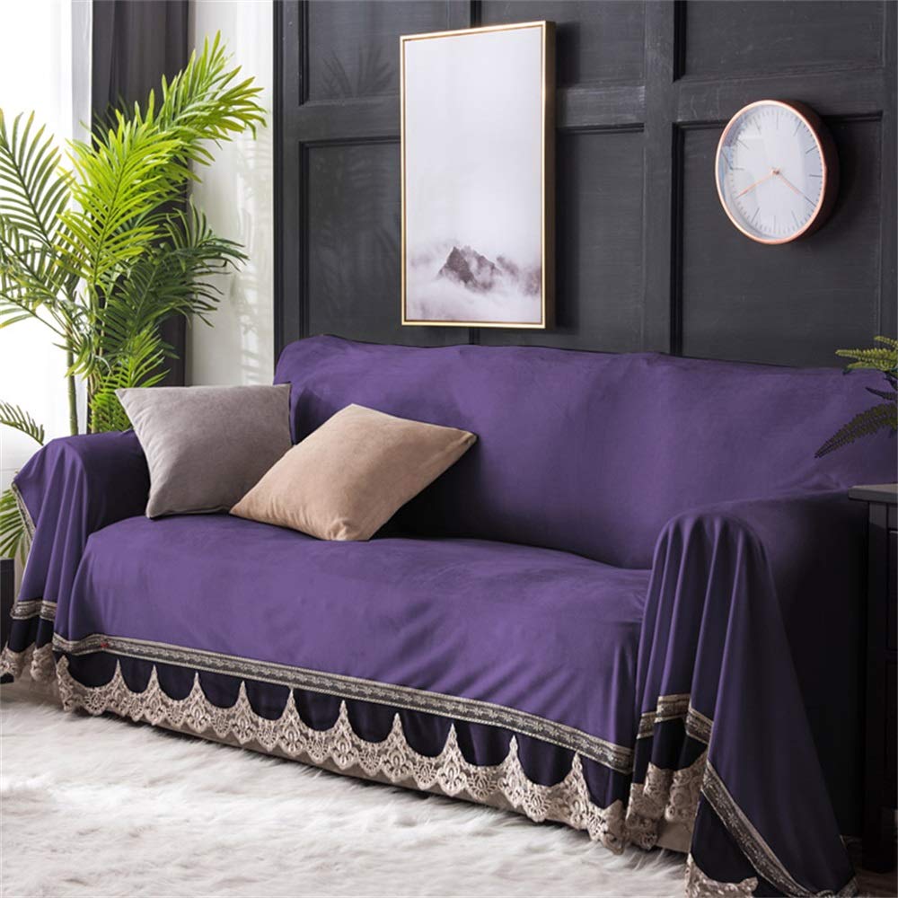 ZYBCQL Plush Crystal Velvet Sofa Cover - Winter Thickened 3-Seater Couch Slipcover (200x300cm) with Lace Trim, Soft Stretchable Sofa Protector in Solid Purple - Perfect for Living Room Decor, Pet-Friendly Furniture Protection & Cozy Winter Nights