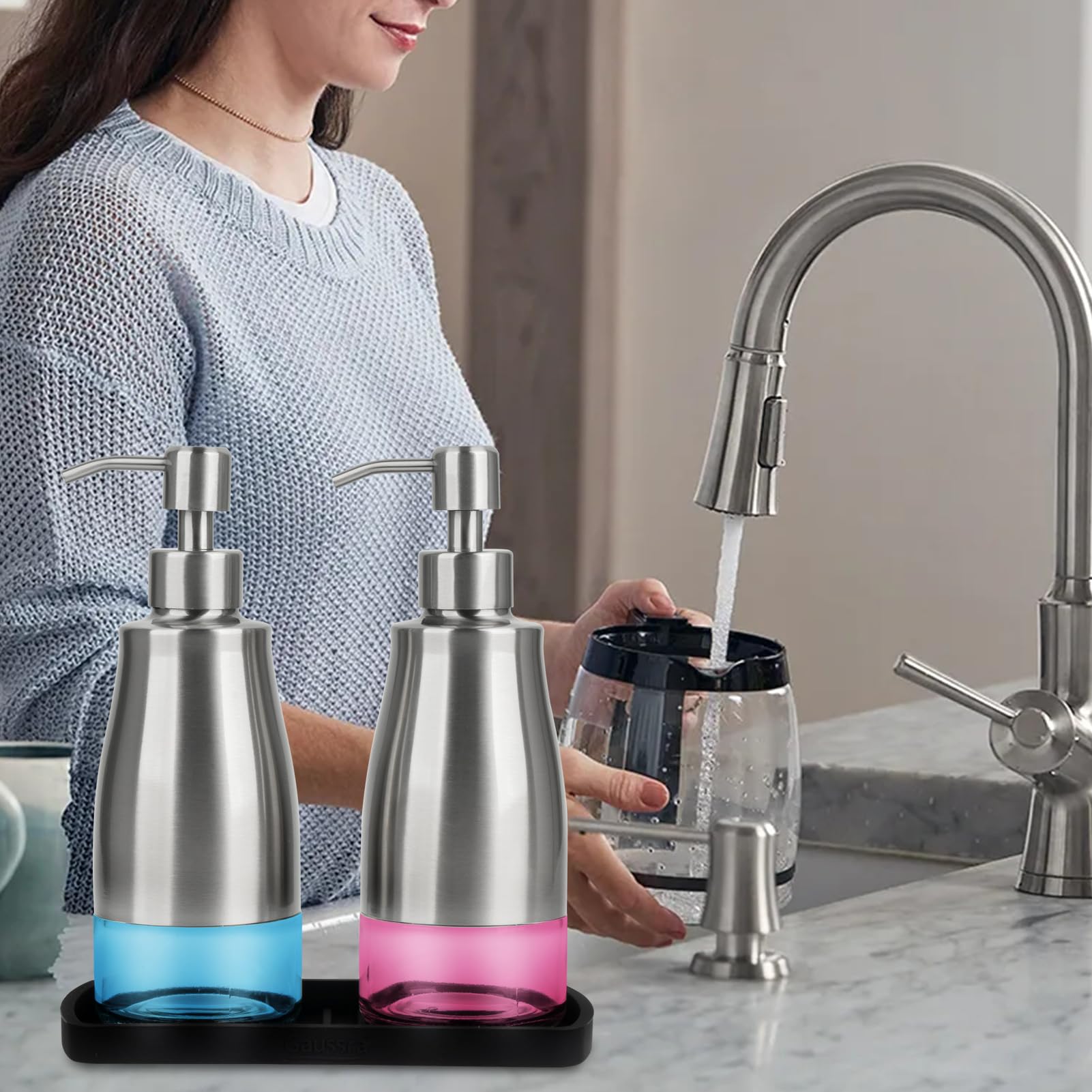 Premium Brushed Nickel Stainless Steel Glass Soap Dispenser Set with Silicone Tray & Stickers - Refillable Hand & Dish Soap Dispenser for Kitchen Sink, Bathroom Countertop - Elegant Home & Office Decor