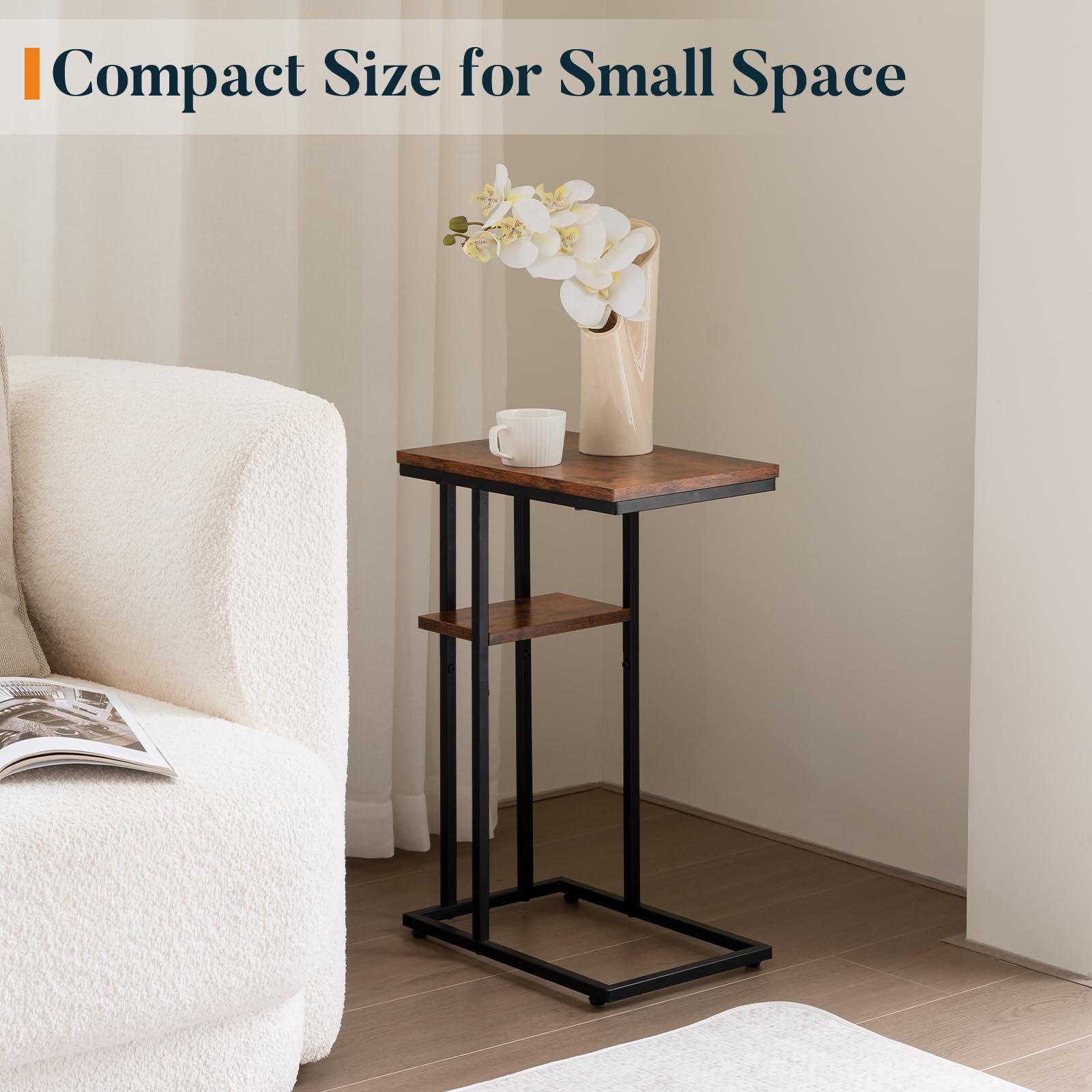 Yoobure 2-Piece C-Shaped End Table Set - Rustic Metal Frame Side Tables for Living Room, Bedroom & Small Spaces - Slide Under Couch as Snack Table or Large Desktop - Perfect for TV Snacking, Reading & Space-Saving Furniture Arrangement