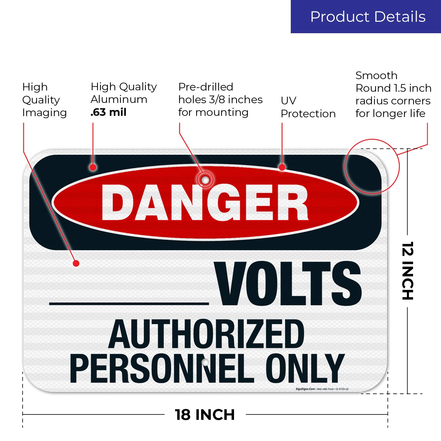 OSHA Danger Sign - Volts Authorized Personnel Only - 12x18 Inches Reflective Aluminum Safety Sign - 3M EGP .063 Fade Resistant - Indoor/Outdoor Use - Made in USA - Perfect for Electrical Rooms, Construction Sites & Hazardous Areas