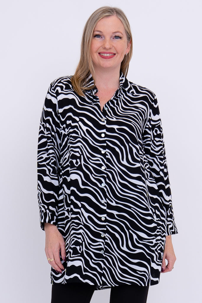 Amed Women's Blouse with BW Waves Print - Stylish Floral Tops for Casual Wear, Office Outfits & Date Nights
