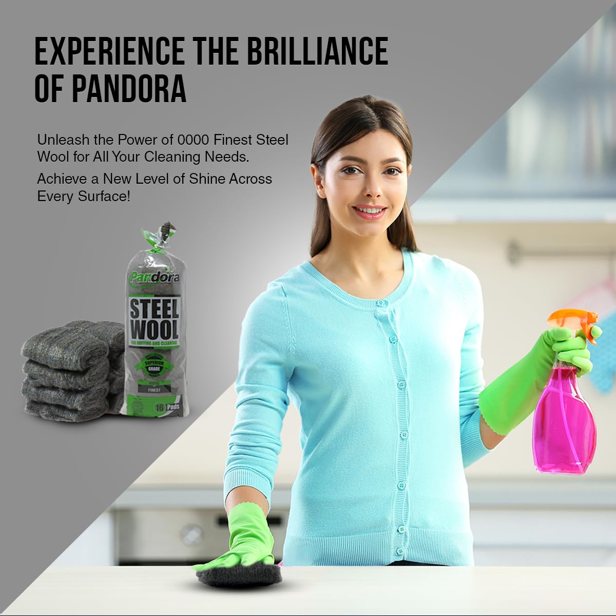 Pandora Steel Wool #0000 - Finest Grade, 16 Pads for Buffing and Cleaning - High-Quality Metal Strands - Perfect for Windows, Furniture, and Automotive Detailing