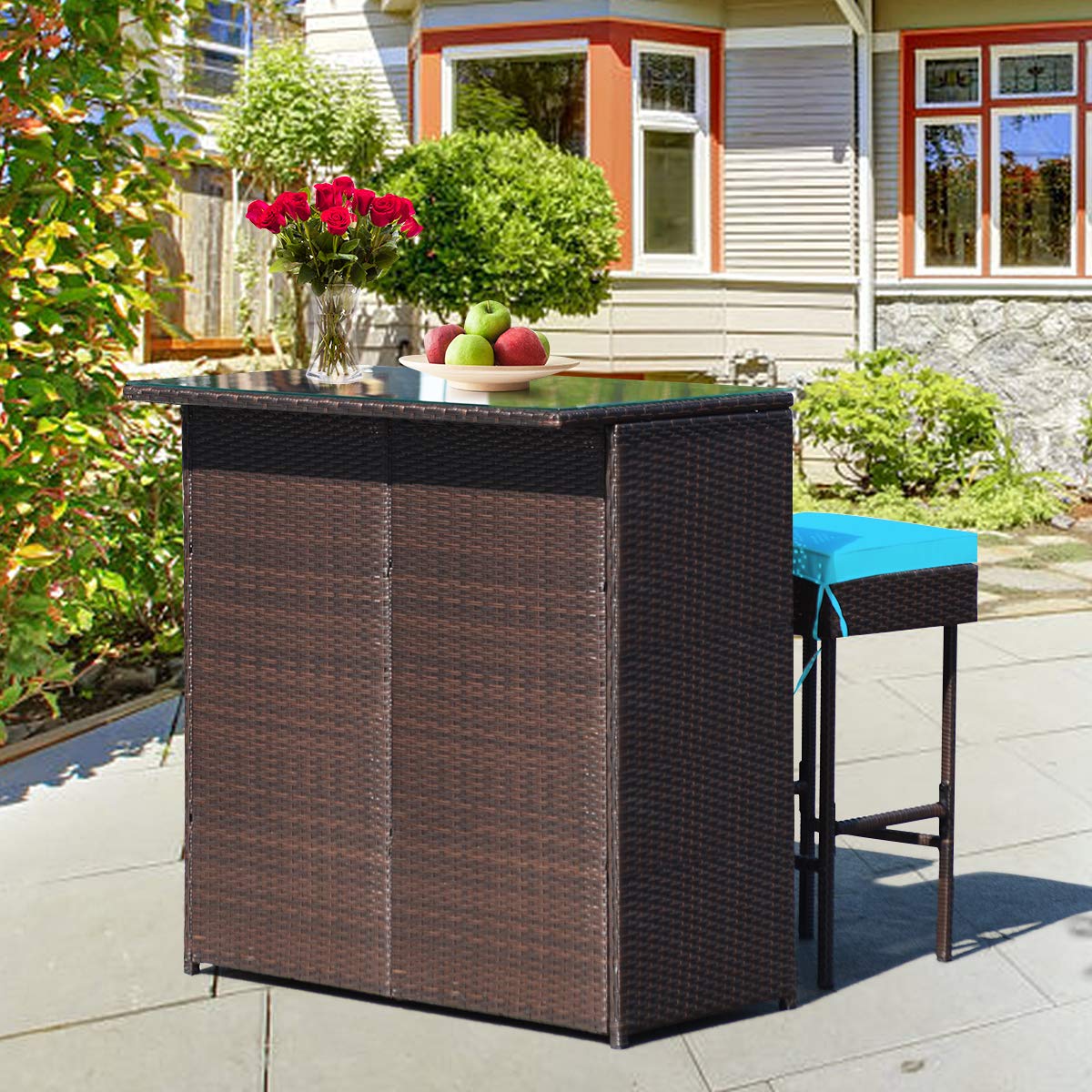 HappyGrill 3-Piece Outdoor Bar Set - Rattan Wicker Bar Stools & Table with Cushions, Glass Table Top & Storage Shelves - Perfect for Poolside, Garden, Patio Dining & Entertaining