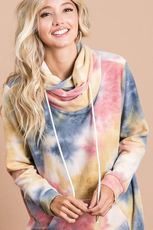 BiBi Brushed Tie Dye Overlapped Turtle Neck Sweatshirt | Soft Fleece Pullover for Women | Cozy Winter Fashion & Casual Outfit Essential