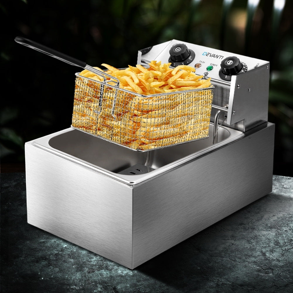 Devanti 10L Commercial Electric Deep Fryer with Single Basket - 2200W High Power for Restaurants, Food Trucks & Catering Businesses