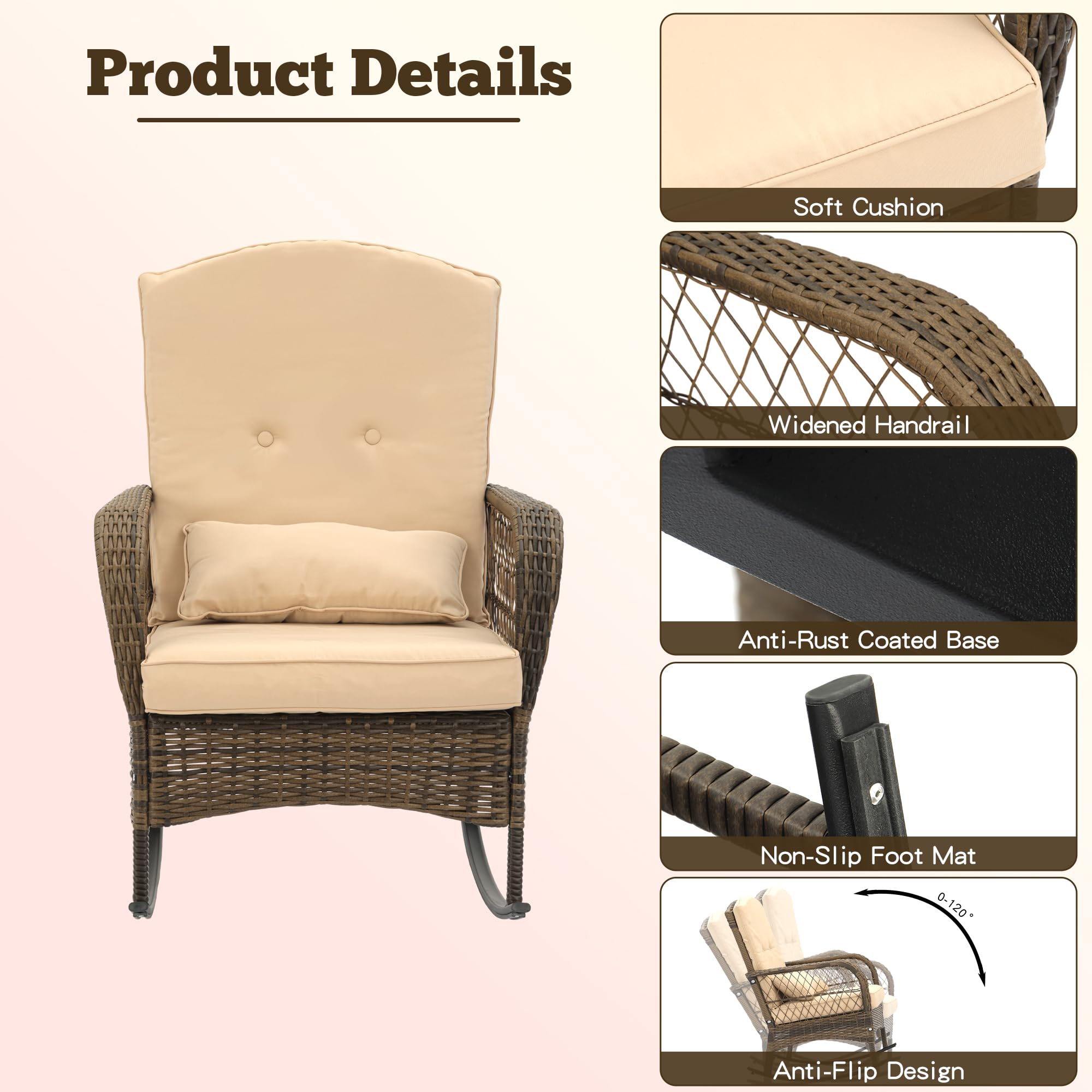 3-Piece Outdoor Wicker Rocking Chair Set with Cushions & Glass-Top Coffee Table - Rattan Patio Conversation Bistro Set for Porch, Backyard, Garden - Beige - Perfect for Relaxing, Entertaining & Outdoor Lounging