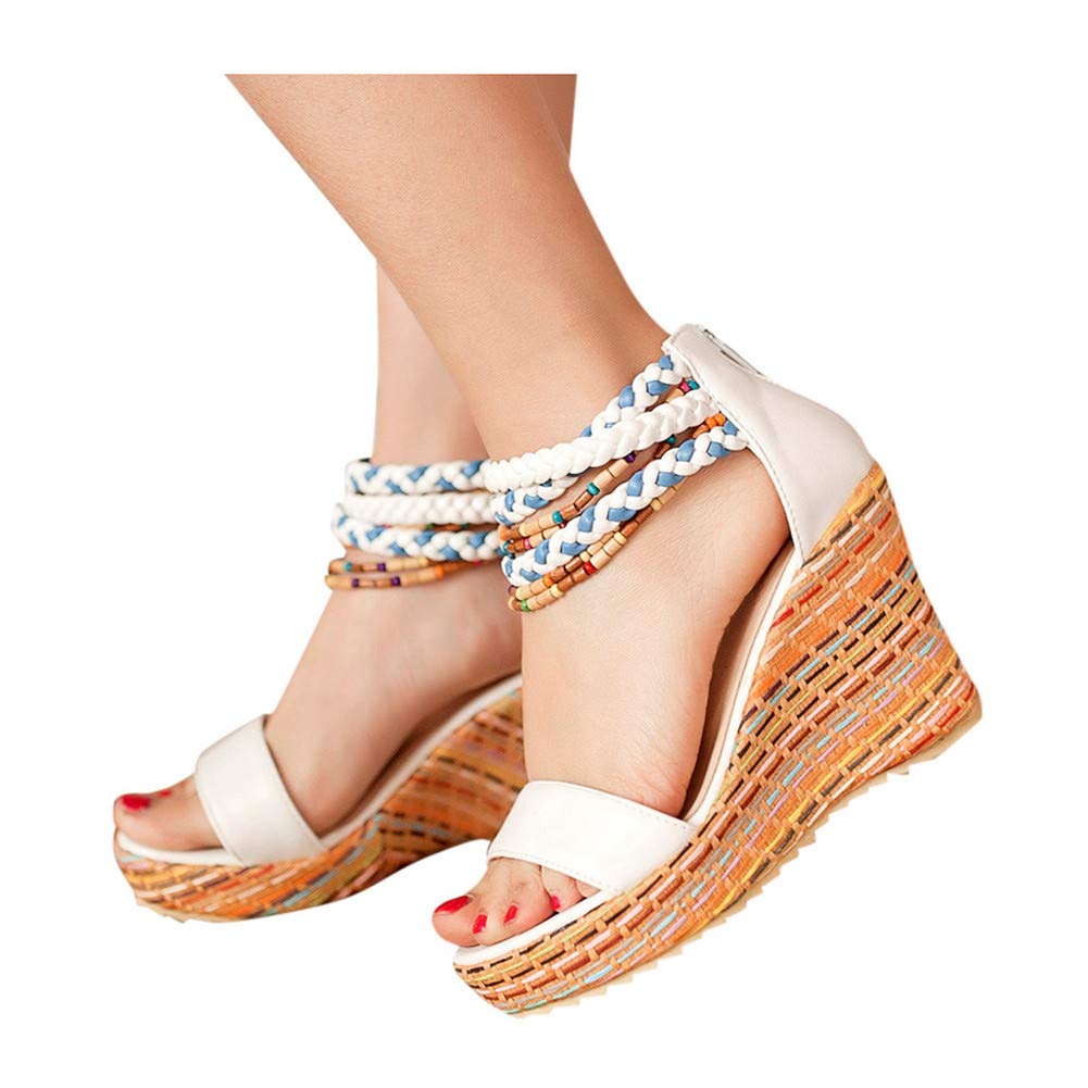 Women's Platform Wedge Sandals with Pearl Accents - Open Toe High Heel Summer Sandals for Beach, Party & Casual Outfits