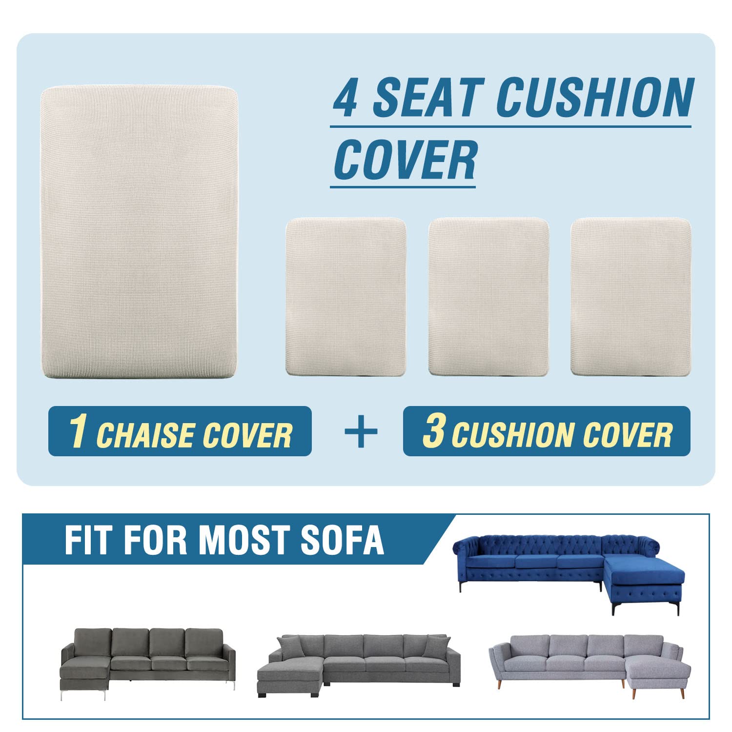 H.VERSAILTEX 4-Piece L-Shaped Sectional Sofa Covers Set - Reversible Left/Right Chaise Lounge & Seat Cushion Protectors (Ivory) for Living Room, Family Room & Home Theater Comfort