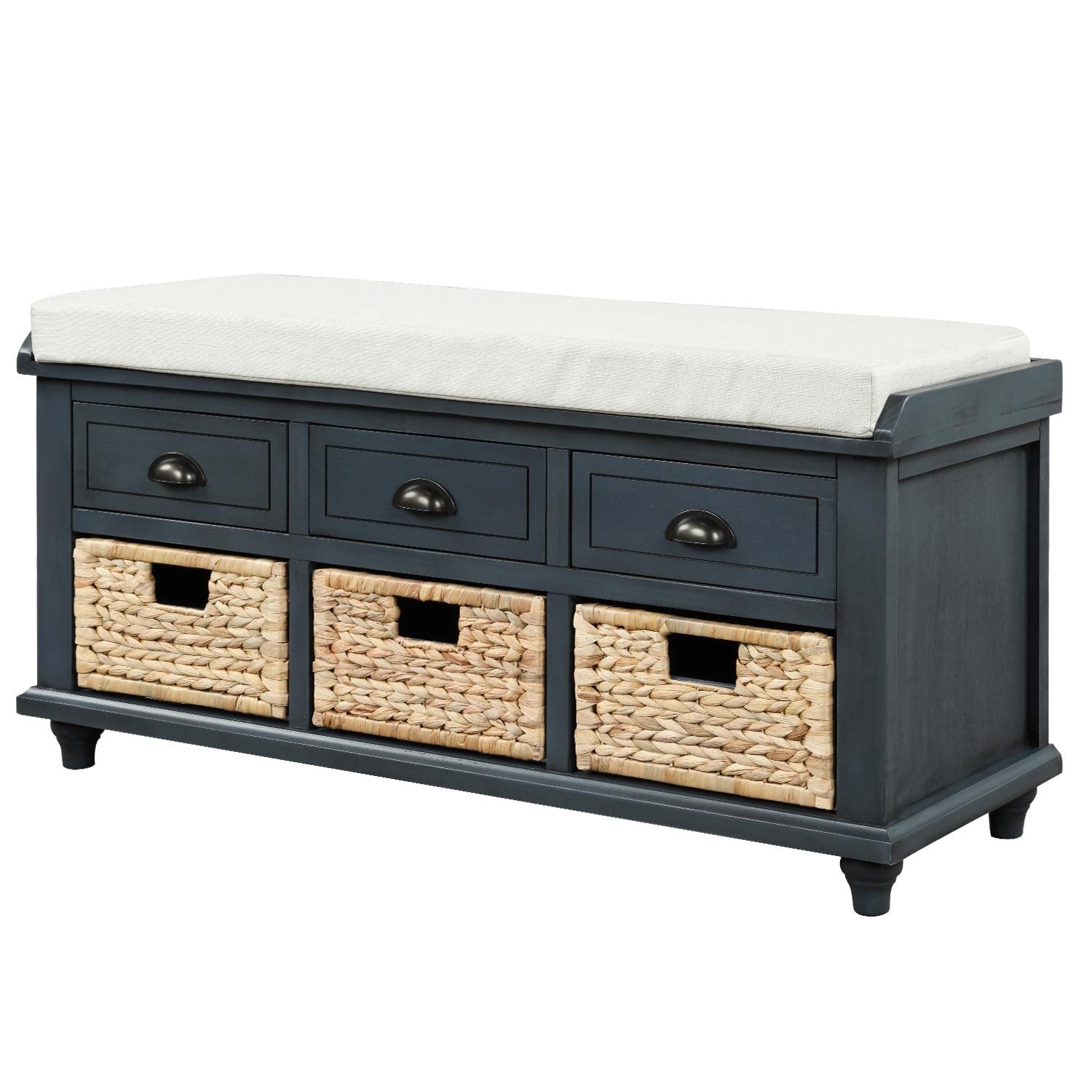 Rustic Storage Bench with Rattan Baskets & Cushion - Multifunctional Footrest, Shoe Bench, Entryway Organizer (Antique Blue) - Perfect for Living Room, Bedroom, or Entryway Decor