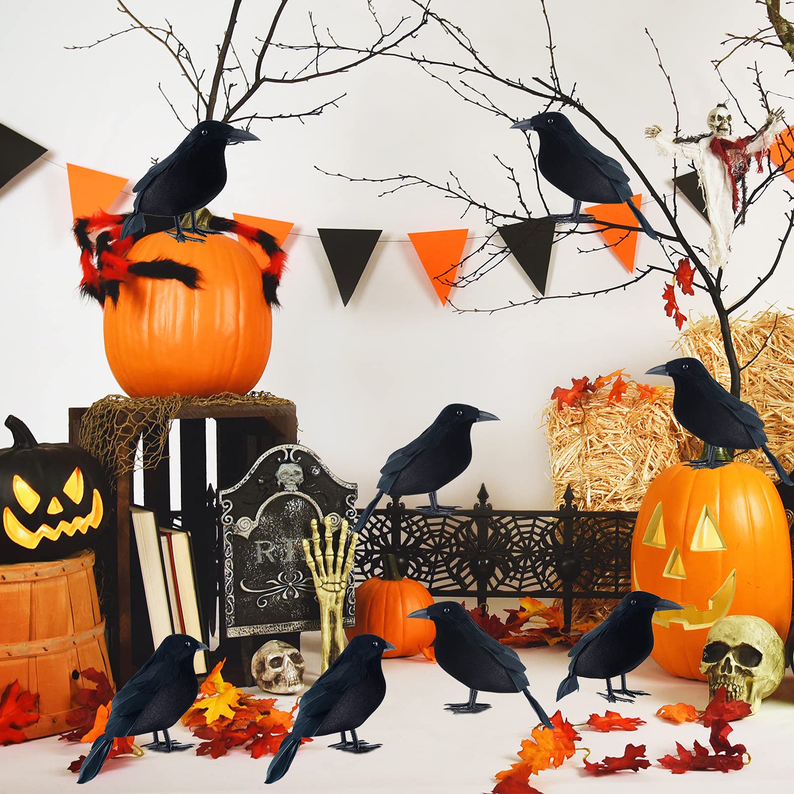 8 Pack Realistic Black Feathered Crow Props - Lifelike Halloween Raven Decorations for Outdoor & Indoor Party, Haunted House, Graveyard, and Themed Events
