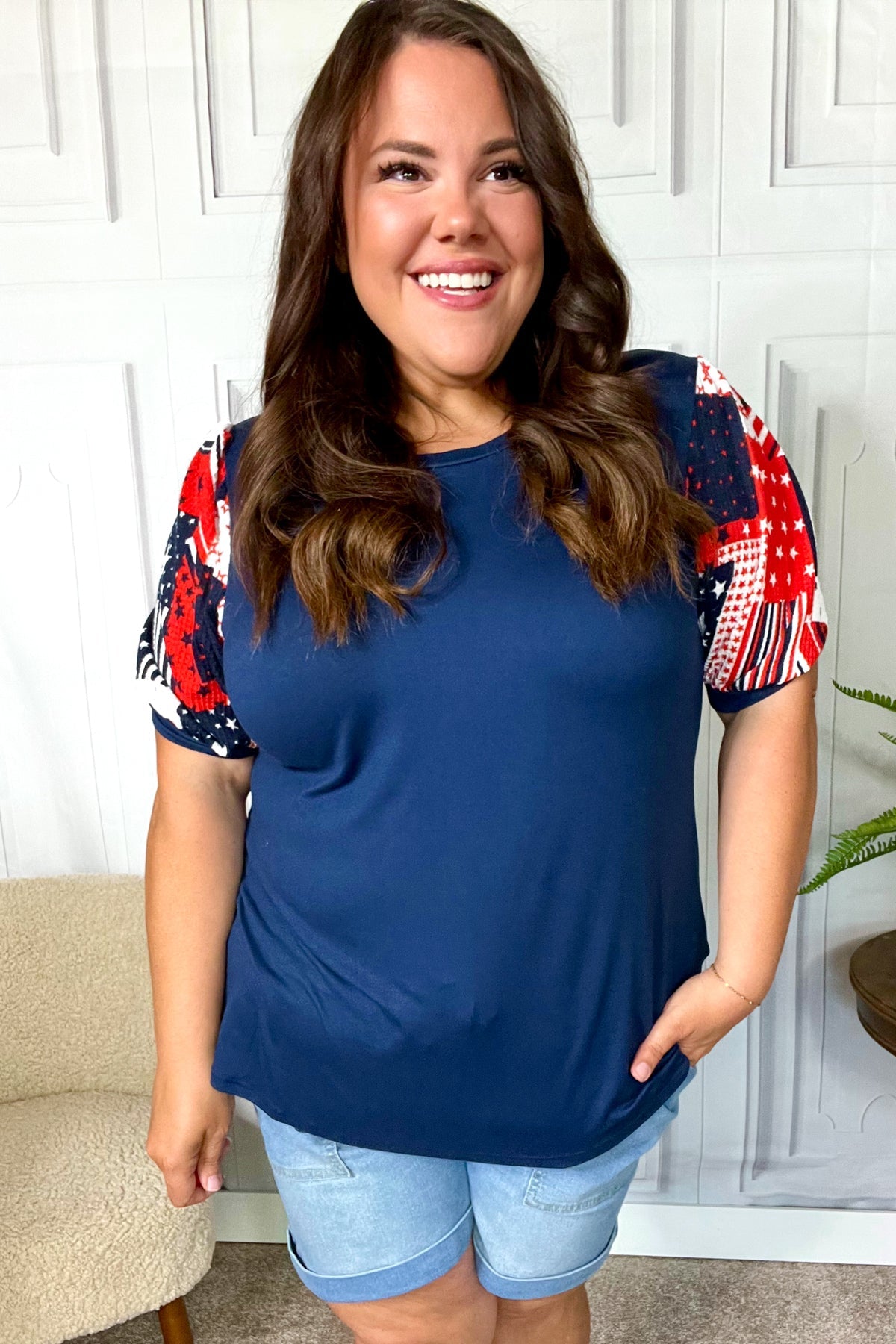 Stylish Navy Patriotic Patchwork Puff Sleeve Top for Women - Perfect for Holiday Parties & 4th of July Celebrations