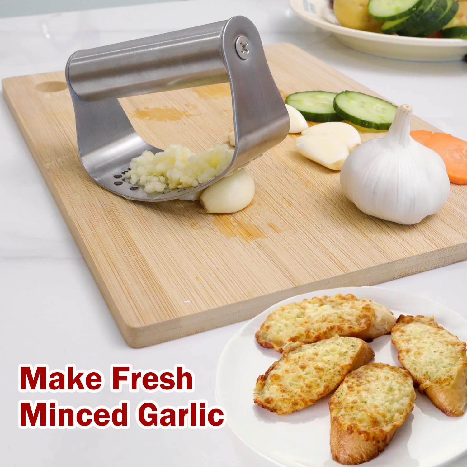 Premium Stainless Steel Garlic Press Rocker Set - Heavy Duty Garlic Mincer & Crusher with Silicone Peeler & Cleaning Brush - Perfect for Cooking, Meal Prep & Italian Cuisine