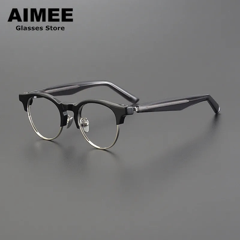 Aimee Unisex Full Rim Round Acetate Titanium Eyeglasses Frame 9006 - Lightweight & Durable Glasses for Men & Women - Perfect for Reading, Working, and Daily Wear