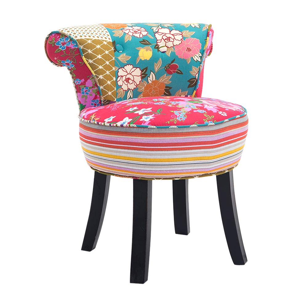 Shabby Chic Vanity Stool with Padded Seat & Wooden Legs - 17.32 Inch Makeup Chair for Bedroom, Comfortable Dressing Stool for Women, Perfect for Vanity Table, Boudoir & Home Decor