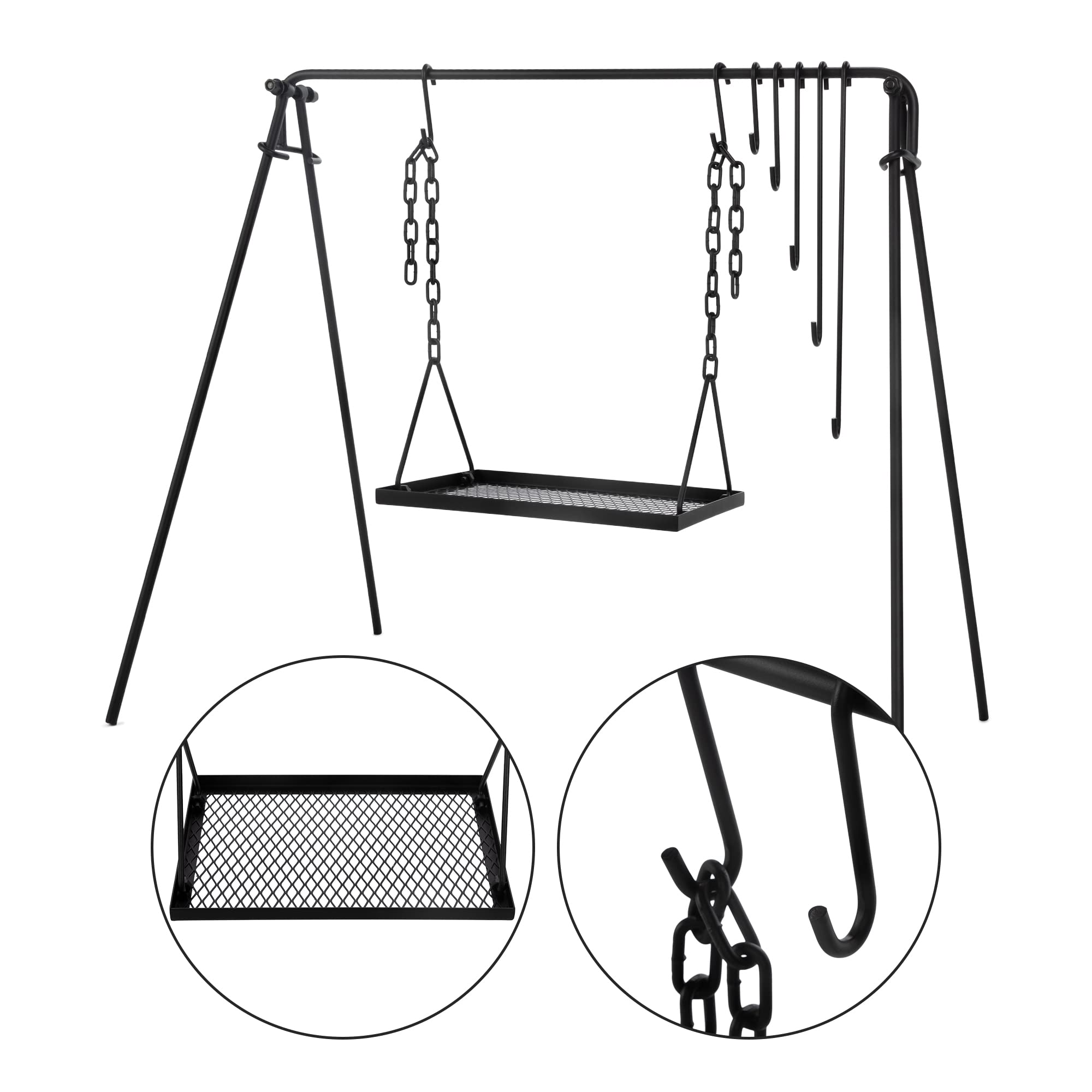 Bruntmor Adjustable Campfire Grill Stand - Portable Swing Cooking Tripod for Dutch Oven & BBQ, Collapsible Legs with Hooks, Accessories & Carry Case (Black) - Perfect for Outdoor Camping, Backyard Grilling and Picnic Cooking
