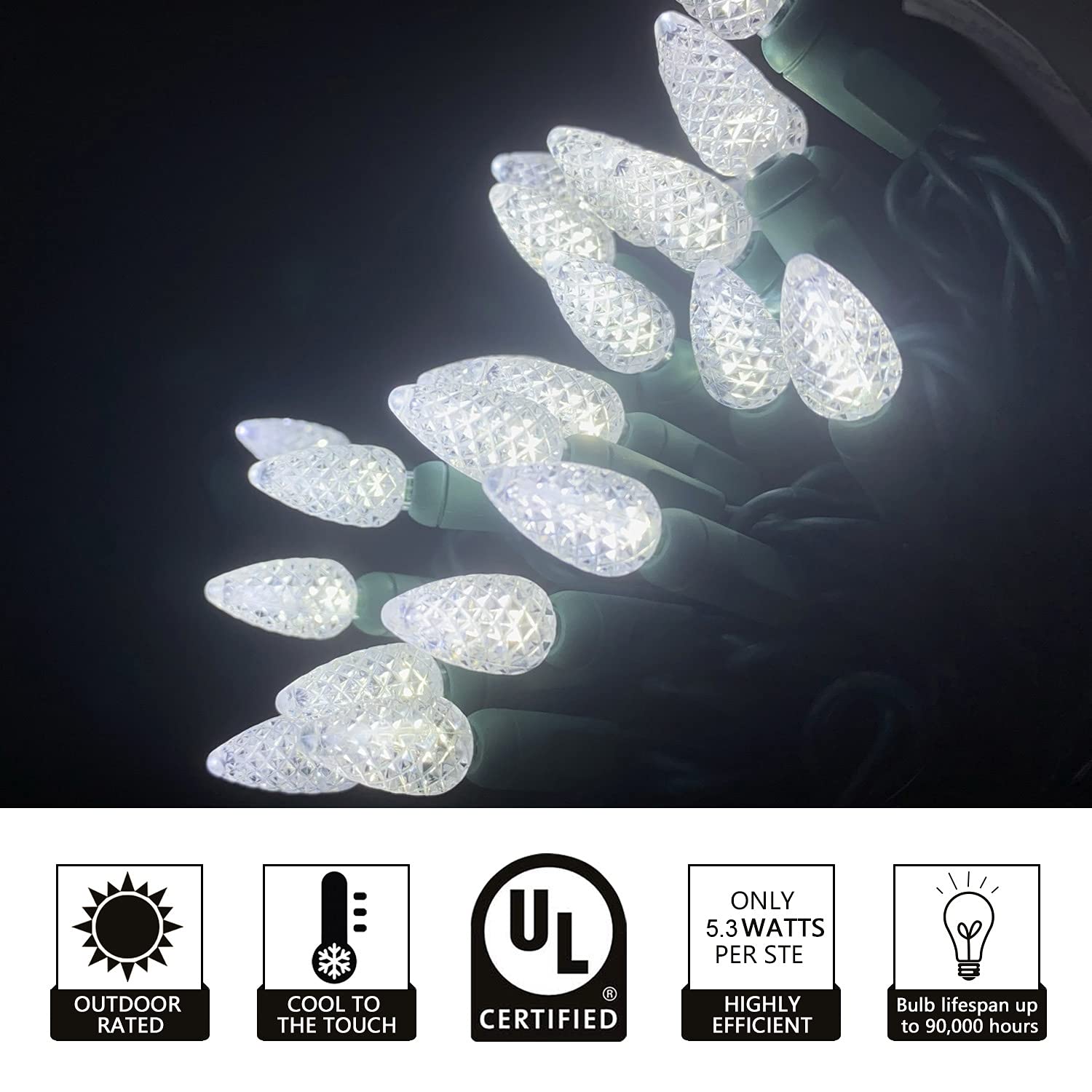 50 Cool White LED Christmas String Lights - 17FT Green Wire, 120V UL Certified for Indoor & Outdoor Holiday Decor - Perfect for Trees, Pathways, and Party Decorations (C3 Bulbs)