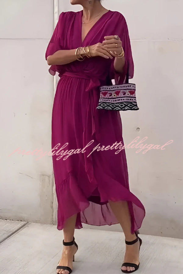 Elegant Solid Color V-Neck Batwing Sleeve Lace-Up Asymmetrical Hem Midi Dress for Women | Party, Cocktail, Wedding & Evening Occasions