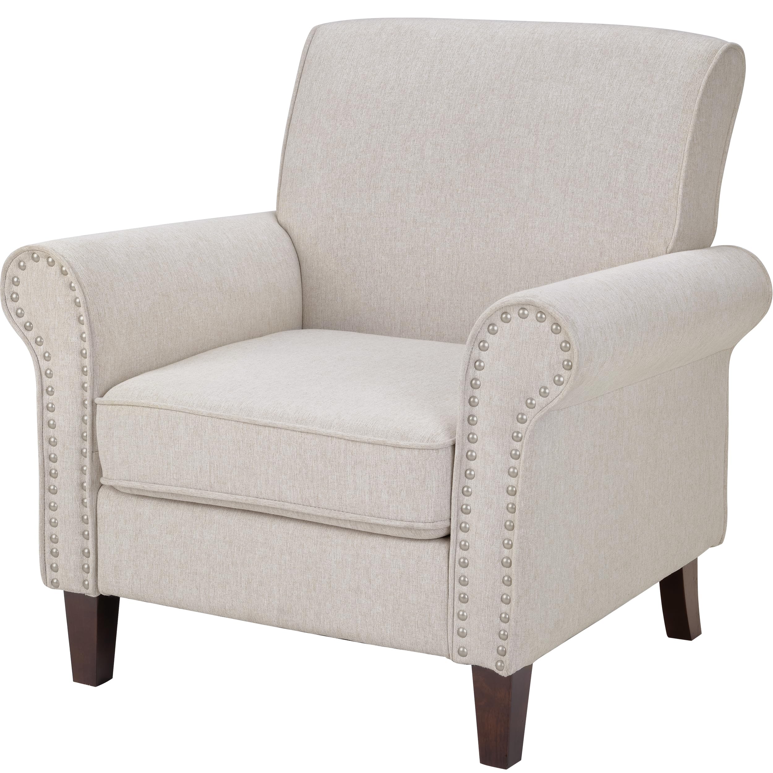 PrimeZone Comfy Accent Chair - Mid-Century Modern Fabric Living Room Chair with Soft Cushion, Nailhead Trim & Rolled Armrest - Armchair for Bedroom, Office, Waiting Room - Perfect for Reading, Relaxing & Home Decor (Beige)