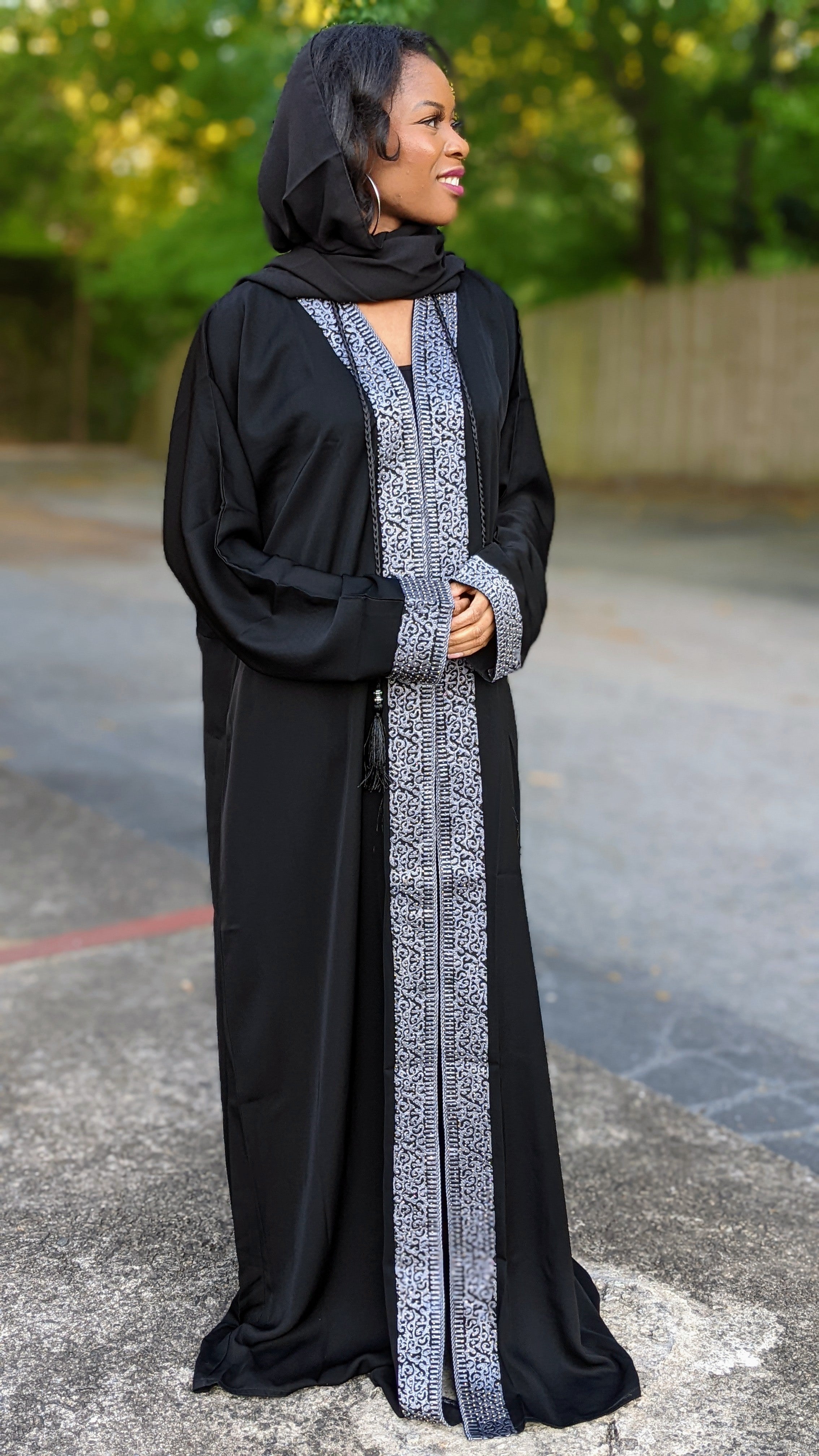 Elegant Black Aamira African Chiffon Kaftan Dress for Women - Moroccan Arabic Abaya with Silver Rhinestone & Embroidery | Perfect for Eid, Wedding, Party & Special Occasions