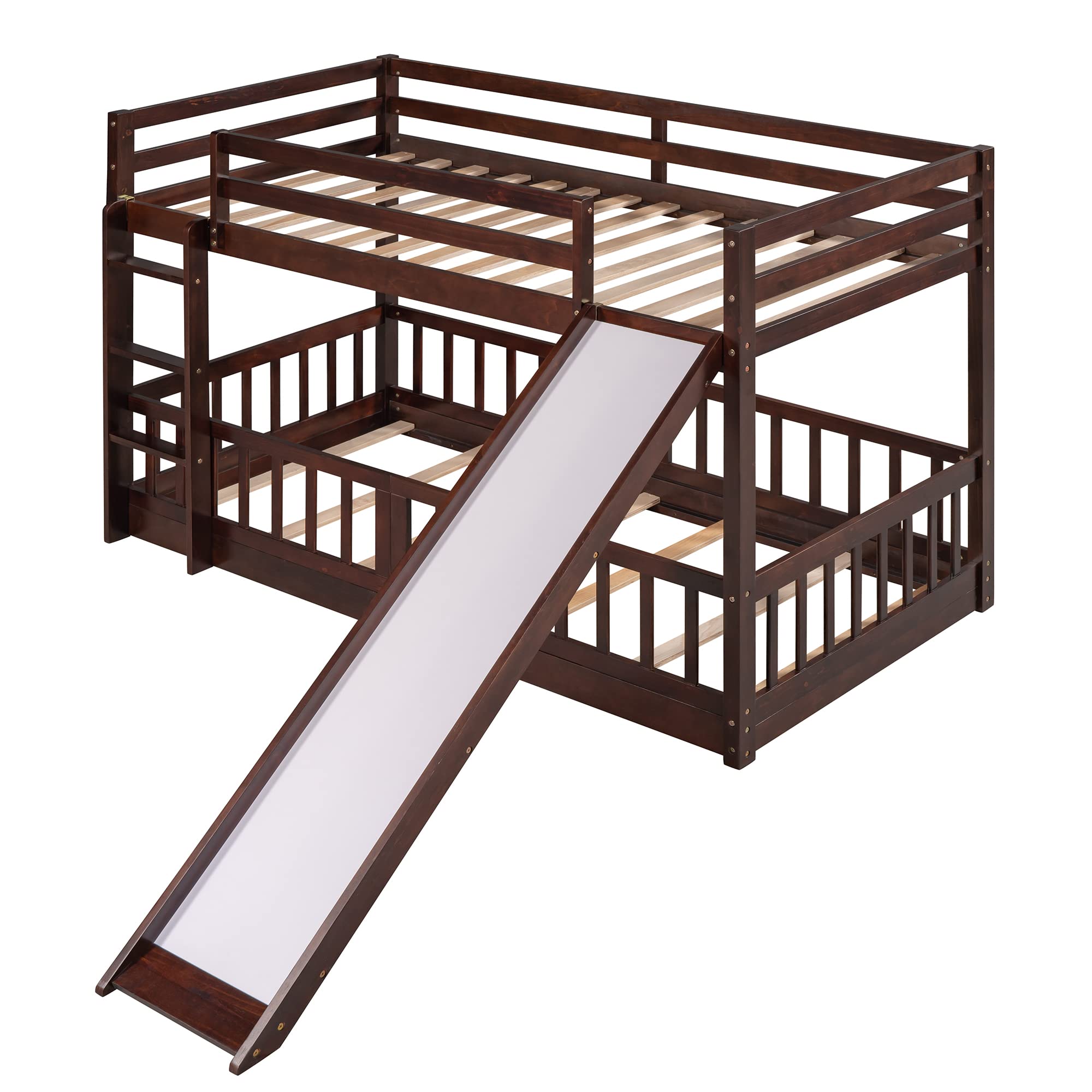 Twin Over Twin Bunk Bed with Slide - Wooden Low Bunk Bed Frame with Ladder & Safety Rail for Kids, Toddlers, Boys & Girls - Espresso Finish - Perfect for Kids' Bedrooms, Sleepovers & Space-Saving Solutions