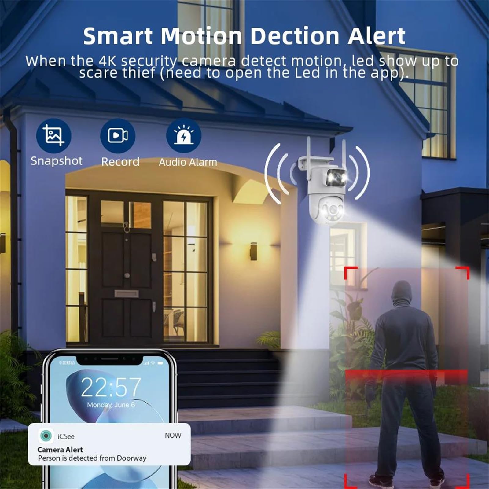6MP Dual Lens PTZ Outdoor Security Camera with WiFi, Auto Tracking & IP66 Waterproof - Dual Screen Display & 128GB Card Included for Home/Business Surveillance (Day/Night Monitoring)