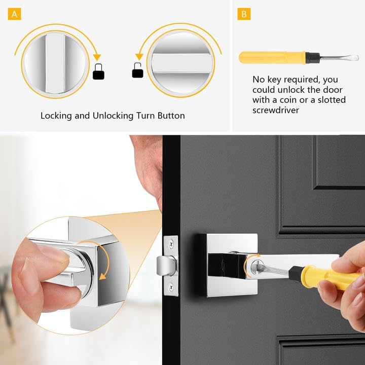 Probrico 4-Pack Square Keyless Privacy Door Levers - Heavy Duty Interior Bedroom & Bathroom Door Handles with Universal Handing - Polished Chrome Finish - Perfect for Home, Office, and Commercial Spaces