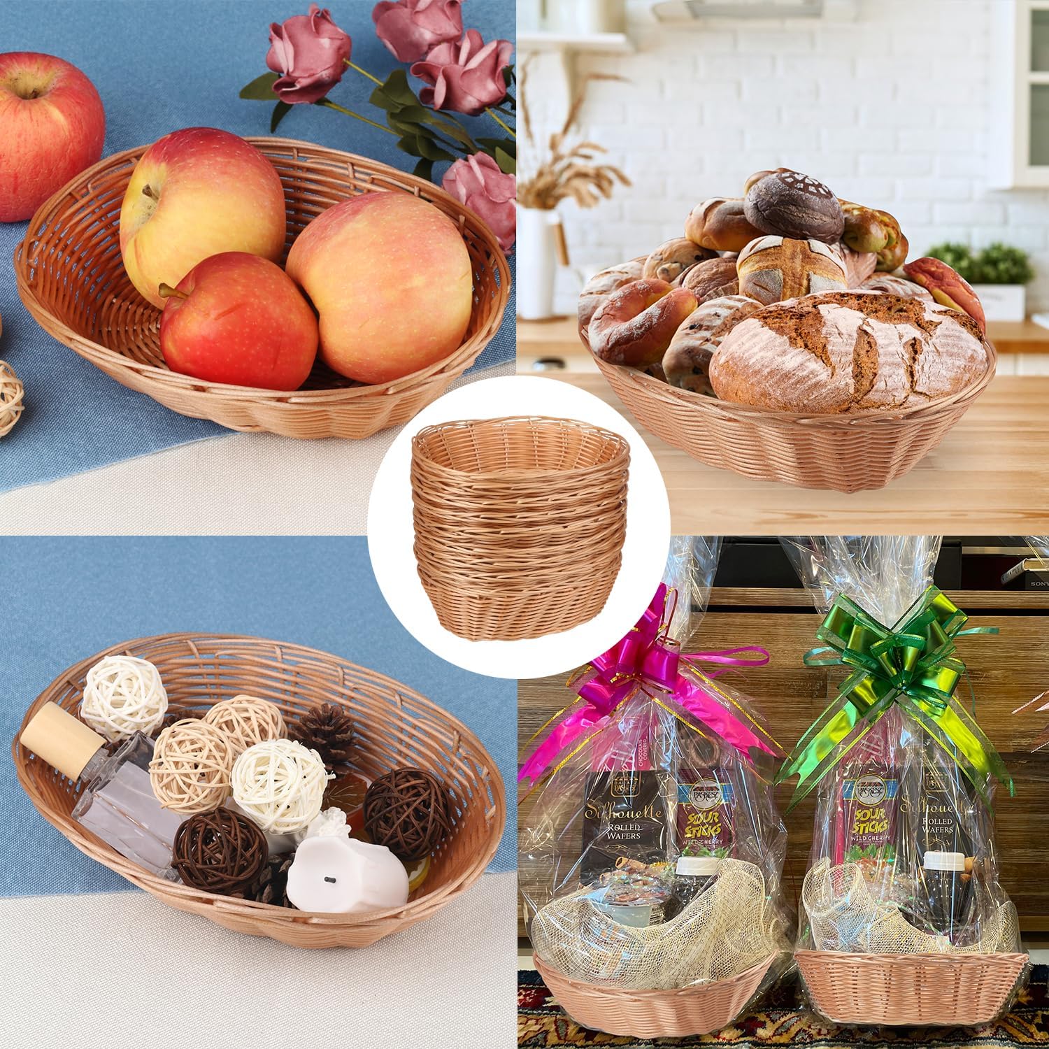 30 Pack Oval Poly Wicker Baskets - 9 x 6 x 2.6 Inch Bread Storage Baskets, Medium Size Kitchen Organizers for Fruits, Vegetables & Display - Perfect for Holiday Gifts, Christmas Decor & Dining Table Centerpieces