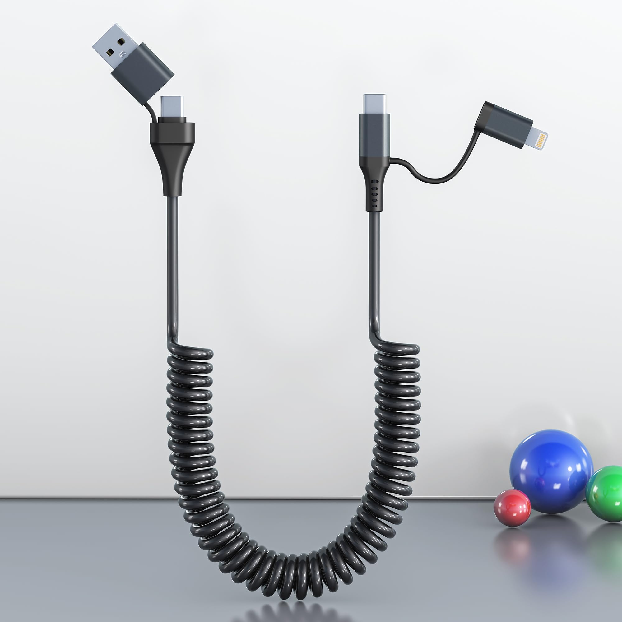 4-in-1 USB C and Lightning Cable Combo - 60W PD Fast Charging & Data Sync - Coiled Multi Charging Cable for CarPlay & Android Auto - Compatible with iPhone, Android, iPad, MacBook - Perfect for Car, Home & Office Charging
