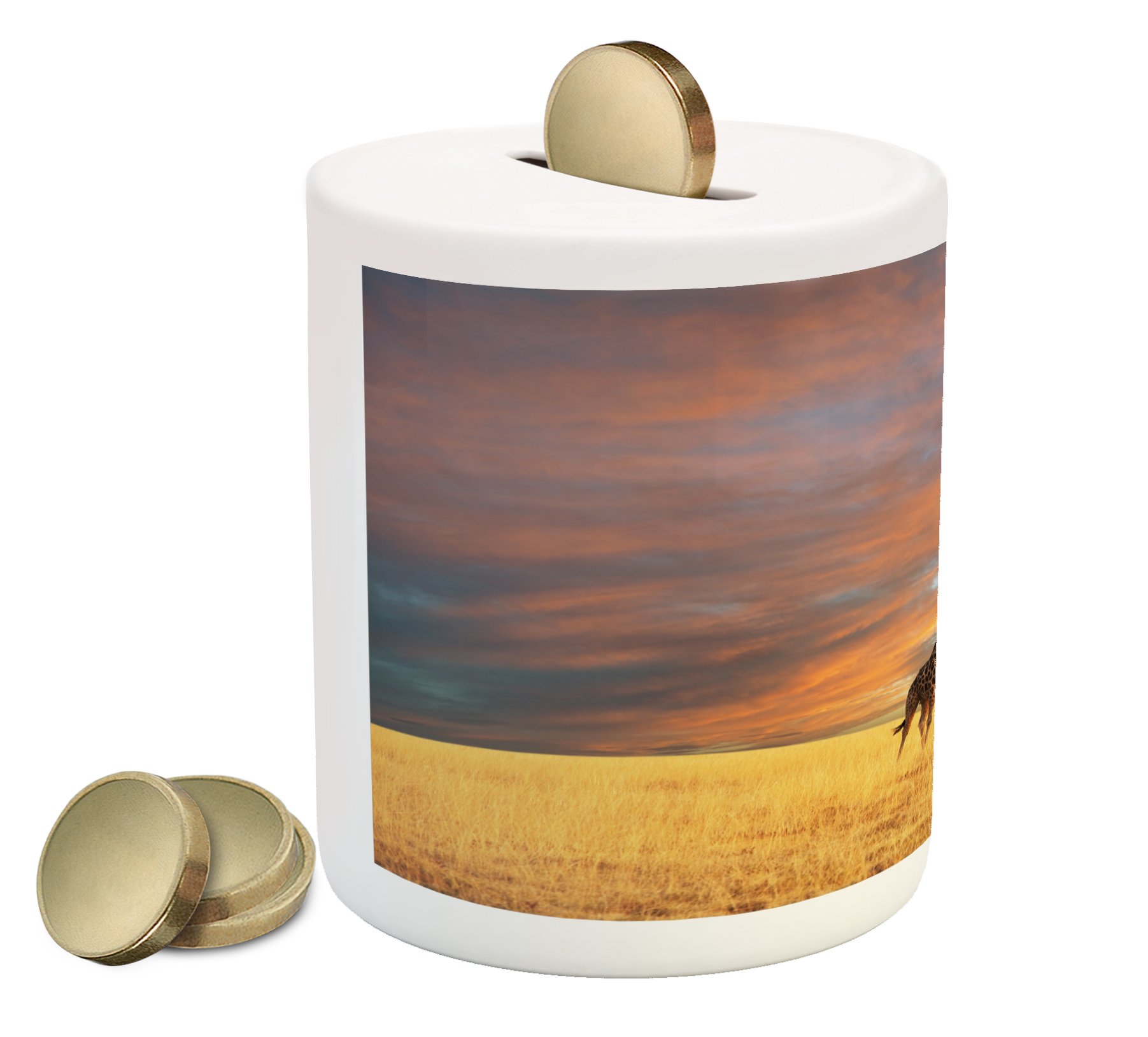 Ambesonne Savannah Ceramic Piggy Bank - Giraffe & Colorful Sunrise Sky Design - 3.6
