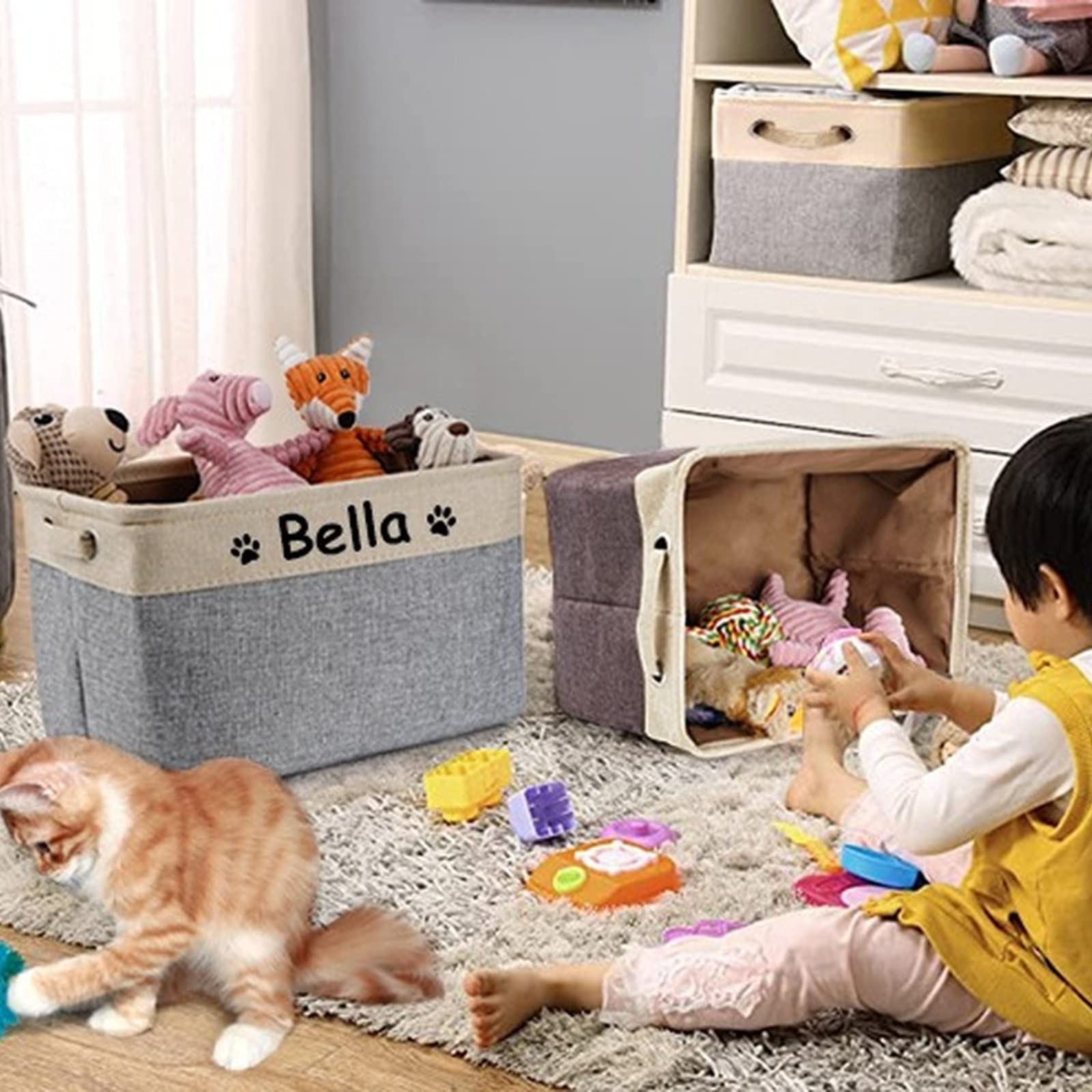 **Personalized Dog Toy Basket with Name - Custom Pet Food Storage Container with Paw Prints - Dog Toy Organizer & Food Storage Bin - Unique Dog Gifts for Pet Lovers (Coffee) - Perfect for Home, Nursery & Pet Play Areas**