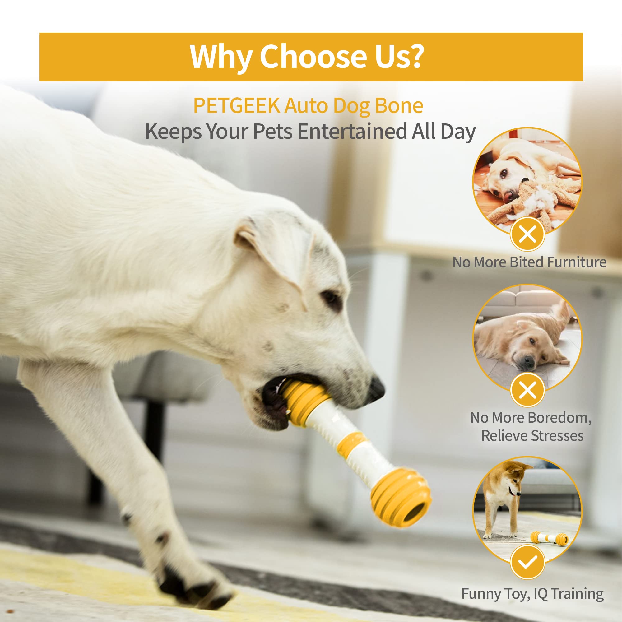 PETGEEK Interactive Dog Bone Toy - Automatic Chase Toy for Medium & Large Dogs | USB Rechargeable, Safe PC & TPU Material | Yellow | Fun Exercise & Boredom Relief for Pets