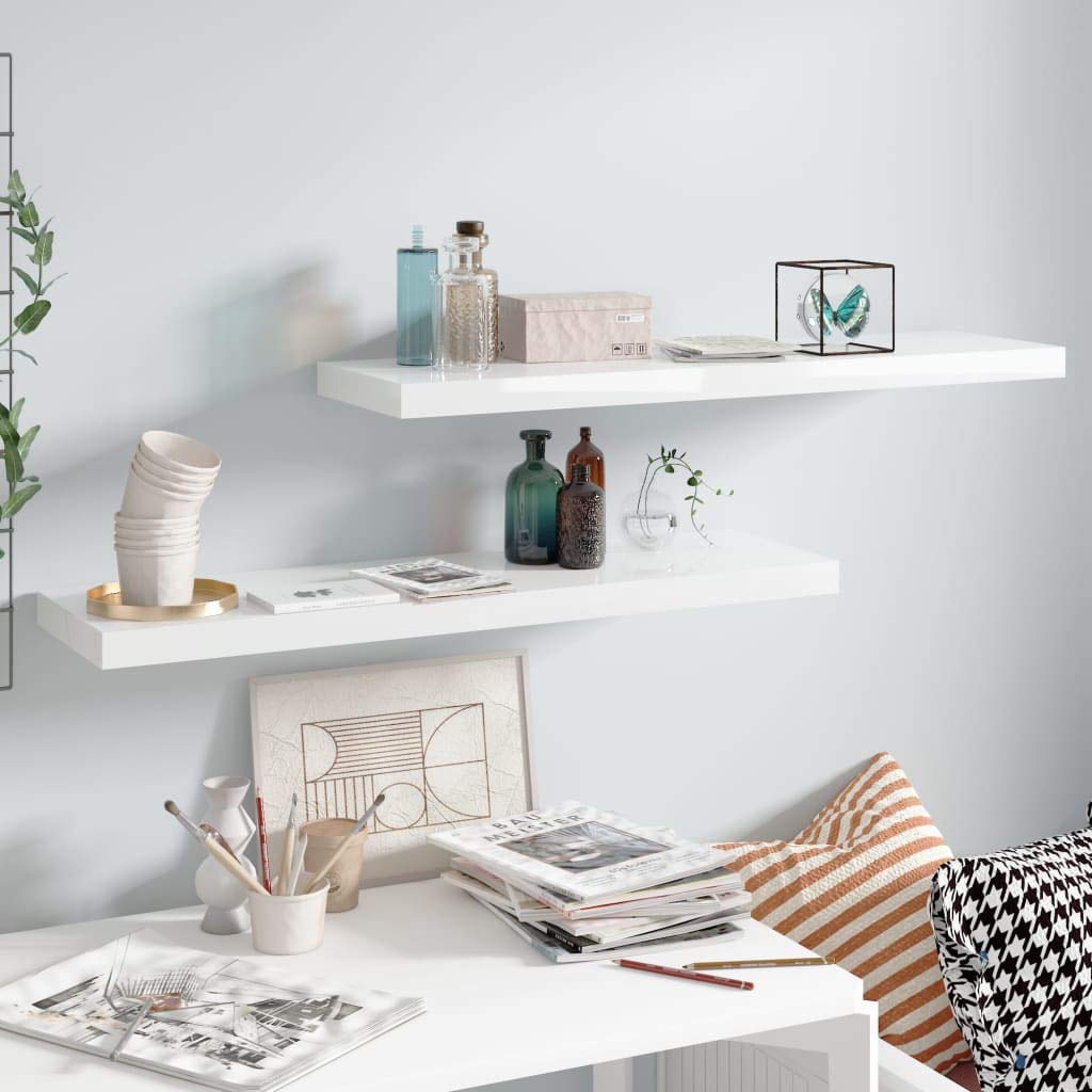 Floating Wall Shelves Set of 2 - Modern High Gloss White MDF Display Shelves 35.4