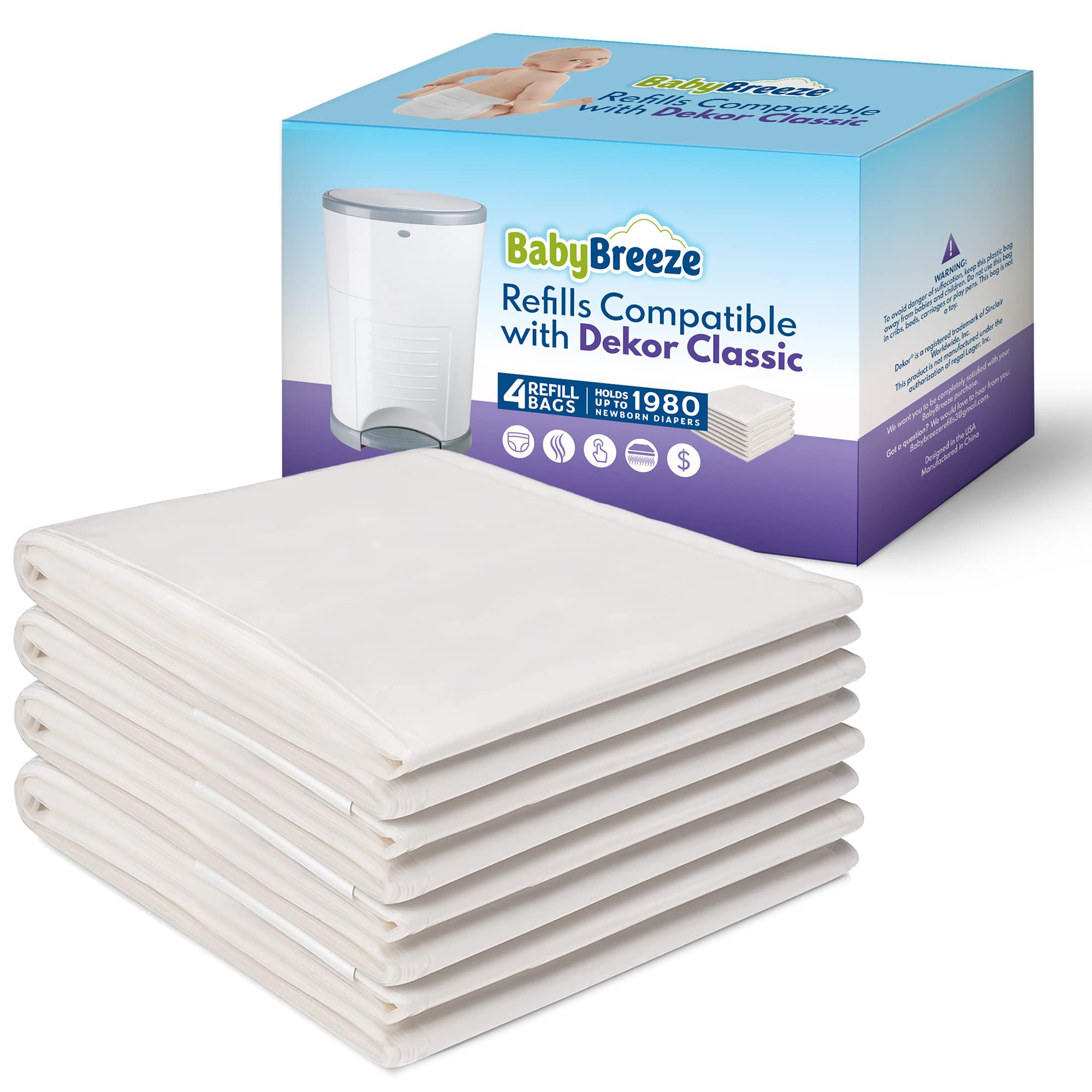 Dekor Classic Diaper Pail Refill Bags - 4 Pack | 1980 Diaper Capacity | Heavy Duty & Scented with Baby Powder | Perfect for Nursery, Daycare & Travel Use