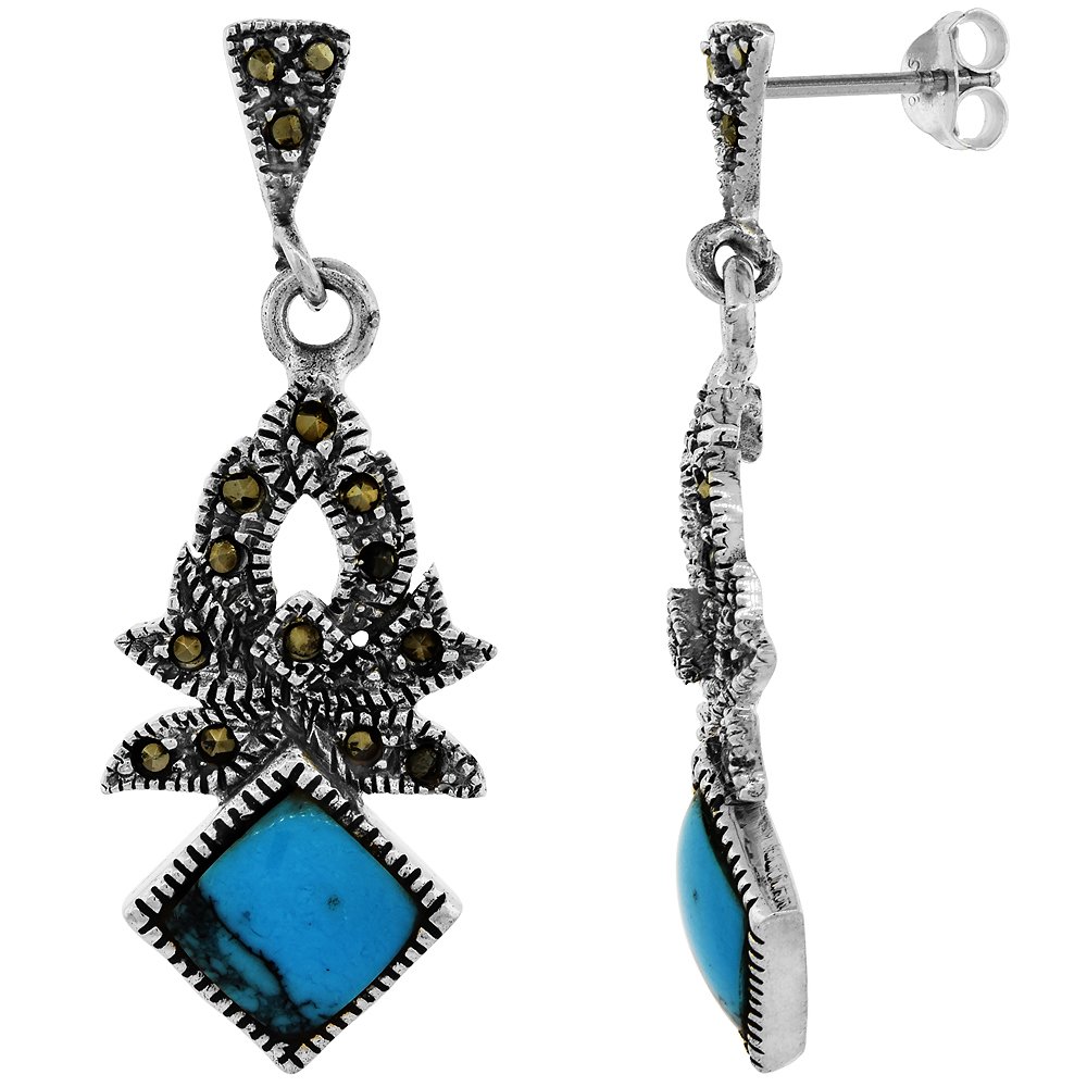 Exquisite Sterling Silver Marcasite Dangle Earrings with Abalone & Turquoise Square Design | Elegant Jewelry for Women | Perfect for Parties, Weddings & Special Occasions