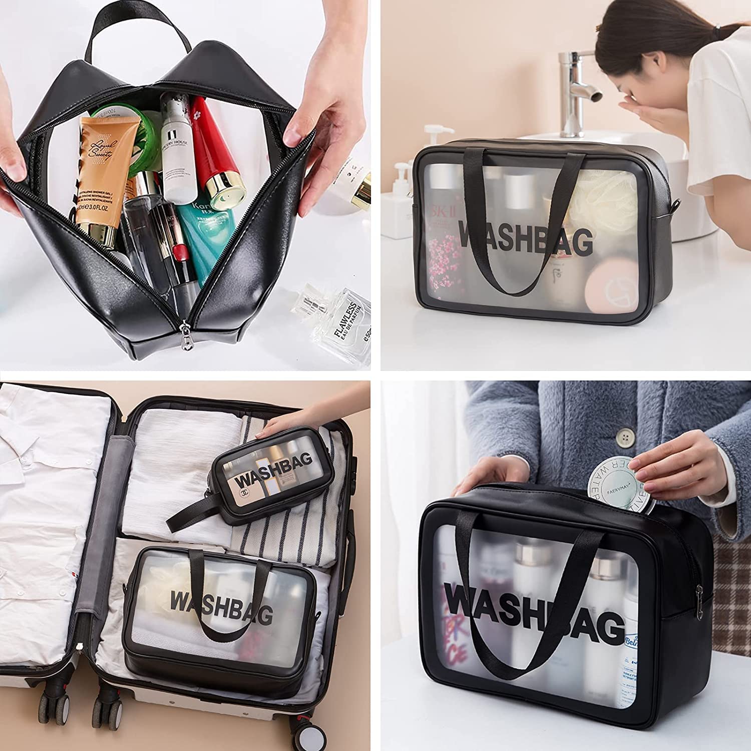 CHIMMET Waterproof PVC Cosmetic Bag Set for Women | 3-Piece Travel Toiletry Organizer | Multi-Functional Wash Pouch for Makeup, Bath Accessories & Grooming Kit | Perfect for Travel, Gym & Daily Use (Black)